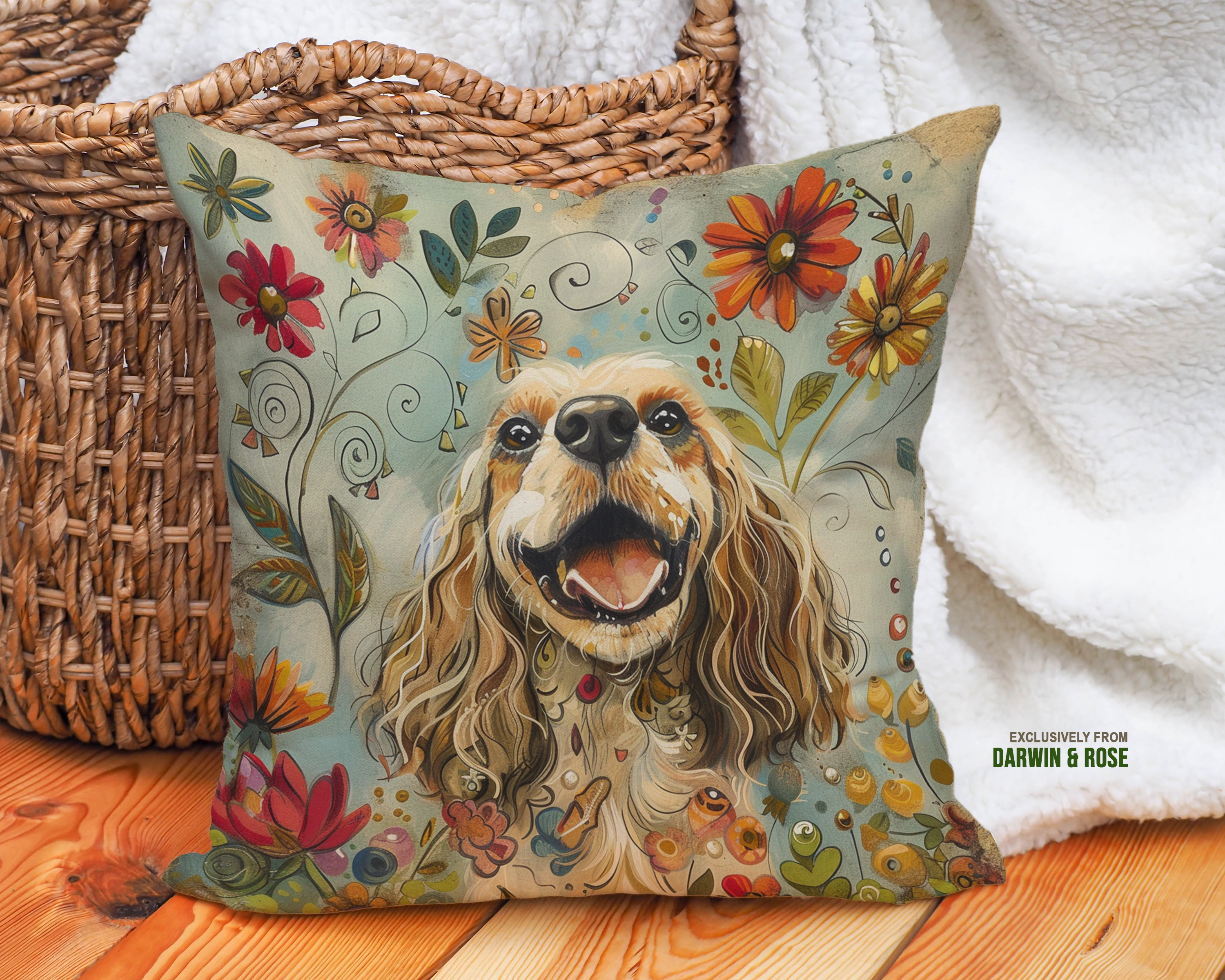 Cheerful Cocker Spaniel Floral Boho Throw Pillow