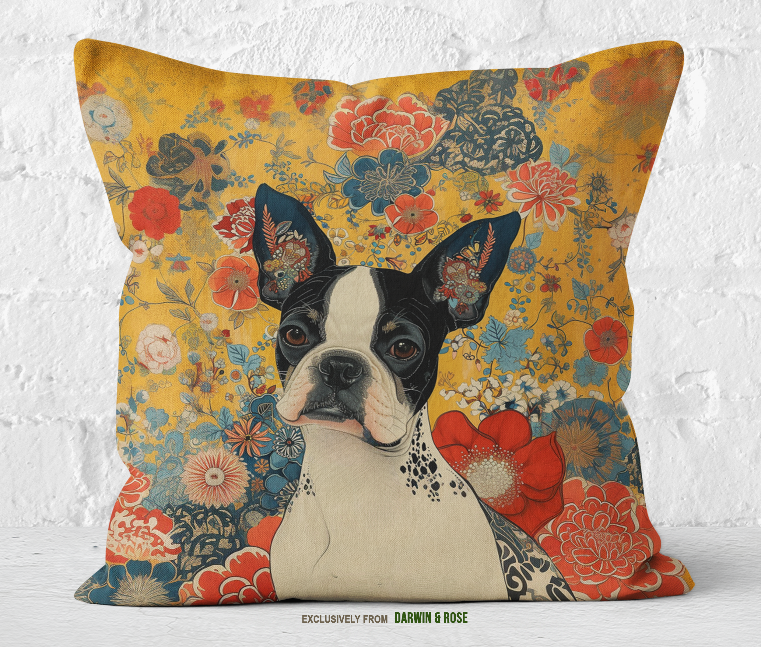 Boston Terrier Floral Elegance Throw Pillow – Vintage Boho Style