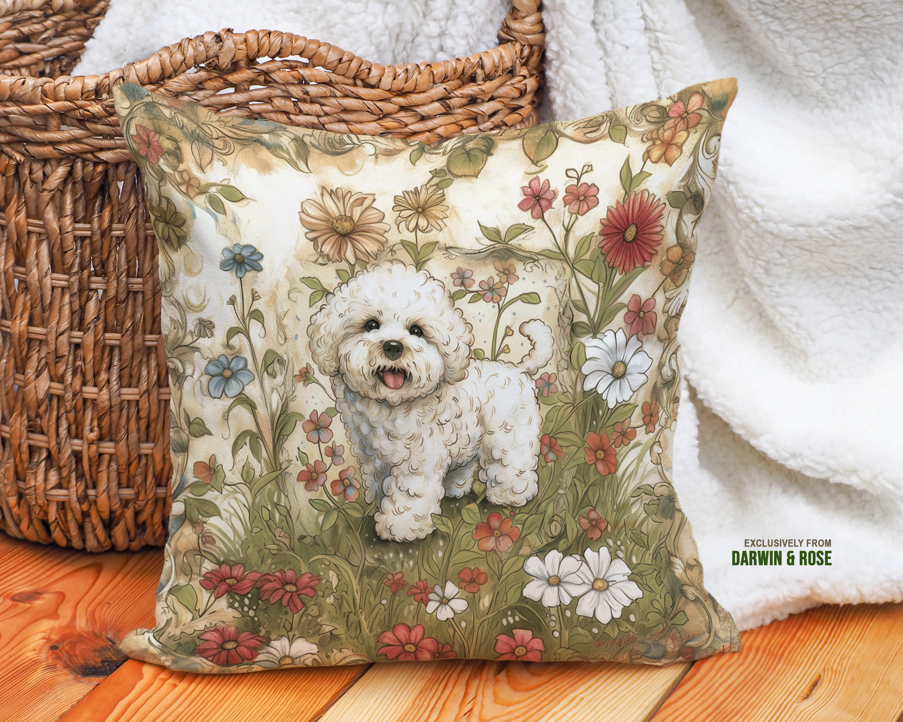 Floral Vintage Charm Throw Pillow – Bichon Frise Dog Art for Cottagecore Style