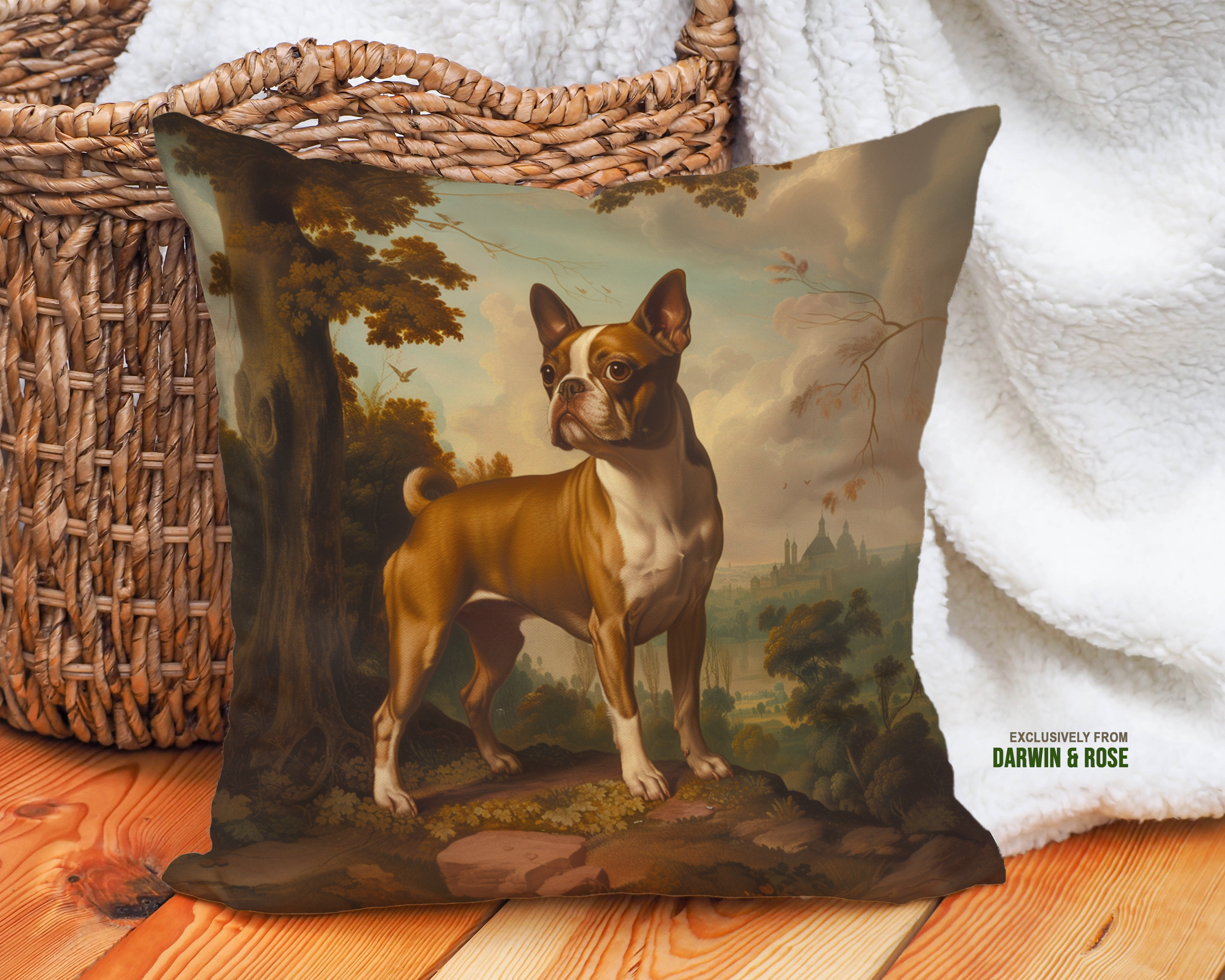 Brown Boston Terrier Vintage-Inspired Throw Pillow for Modern Farmhouse Decor