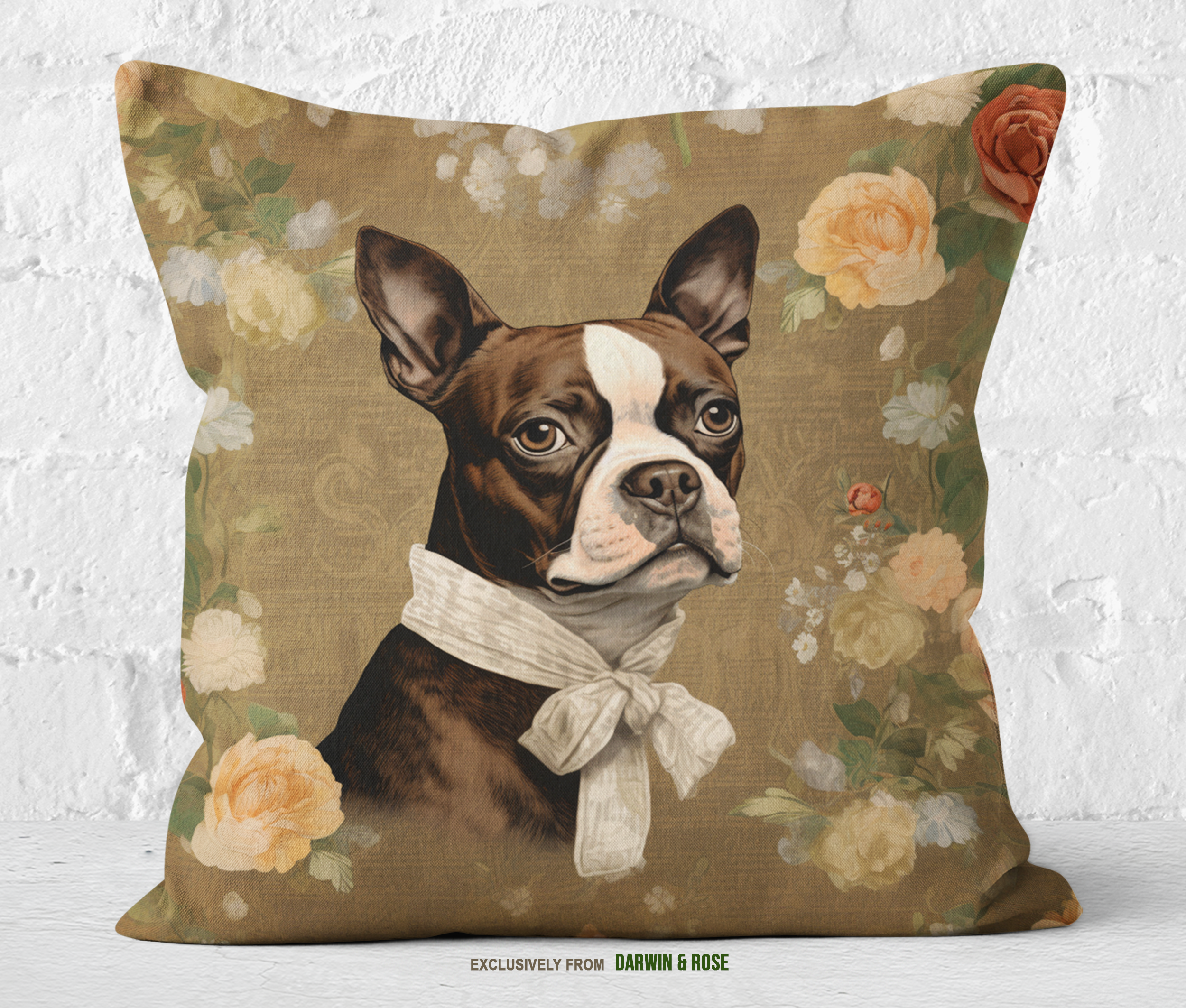 Boston Terrier Vintage Floral Throw Pillow - Modern Farmhouse Charm