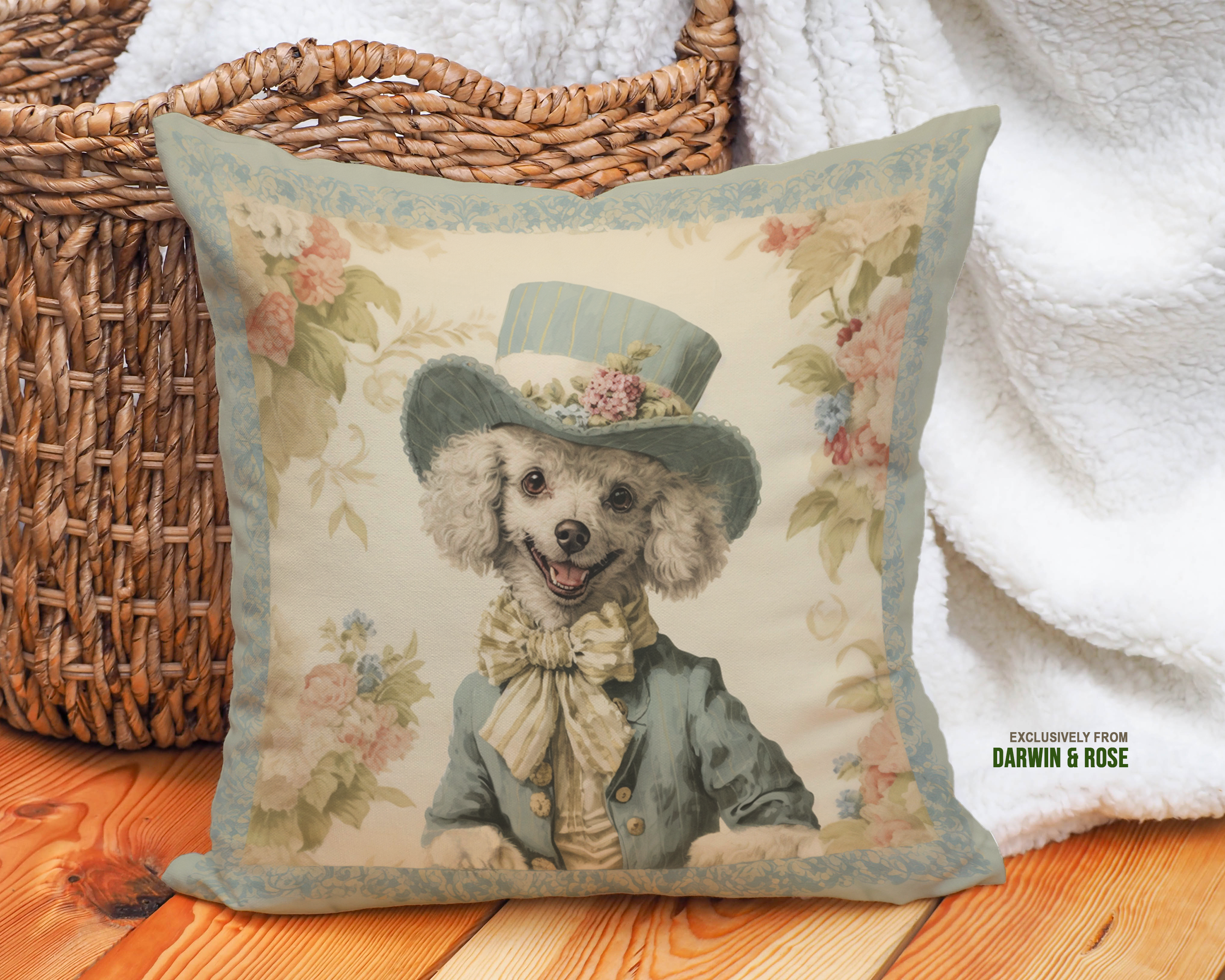Elegant Poodle in Vintage Attire Throw Pillow – Victorian Farmhouse Style