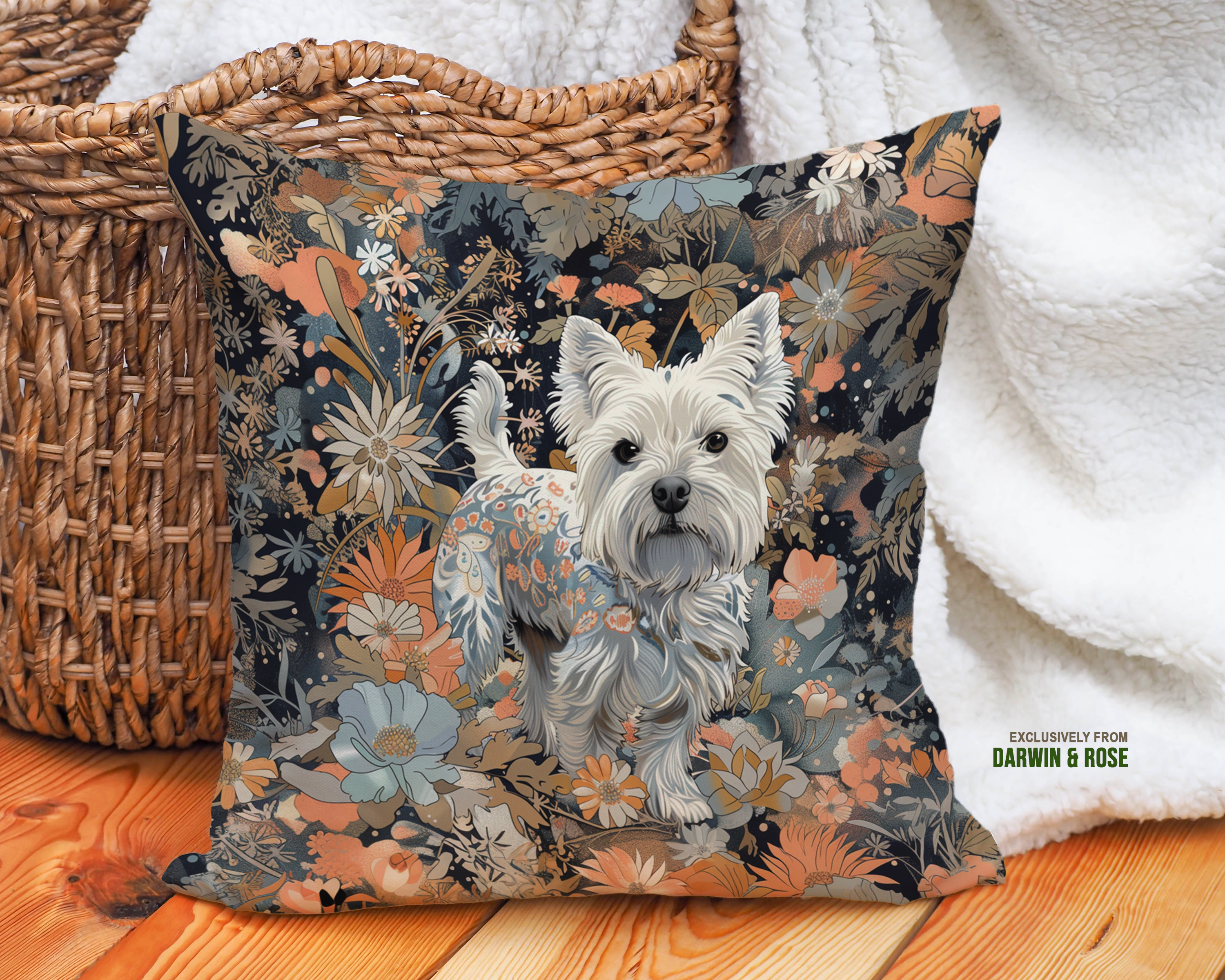 Westie Floral Charm Throw Pillow – Boho Style with West Highland White Terrier Design