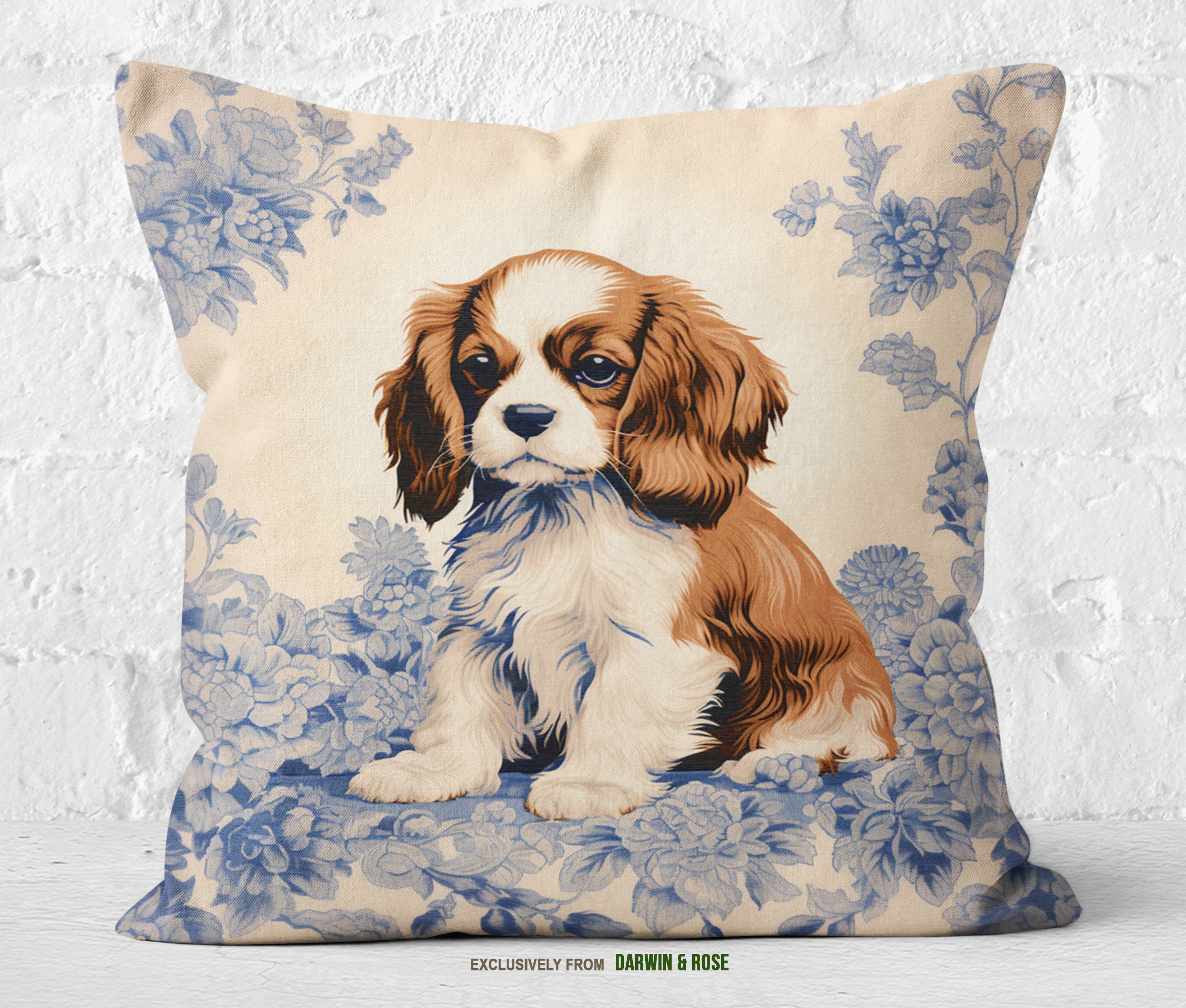 Cavalier Charm: Blue Floral Modern Throw Pillow Featuring Cavalier King Charles Spaniel