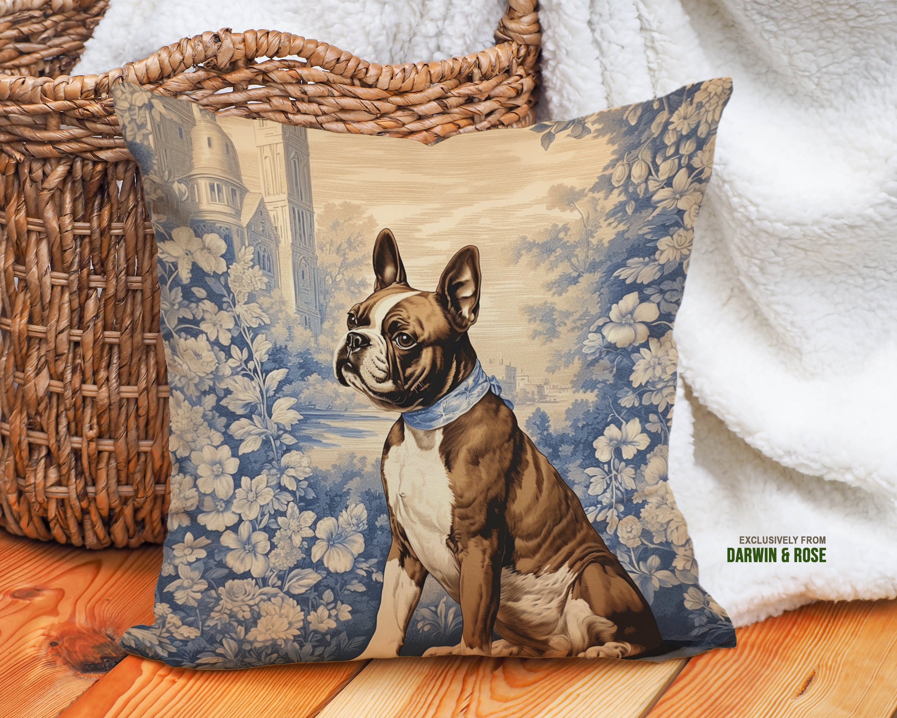 Boston Terrier Toile-Inspired Throw Pillow – Vintage Farmhouse Charm