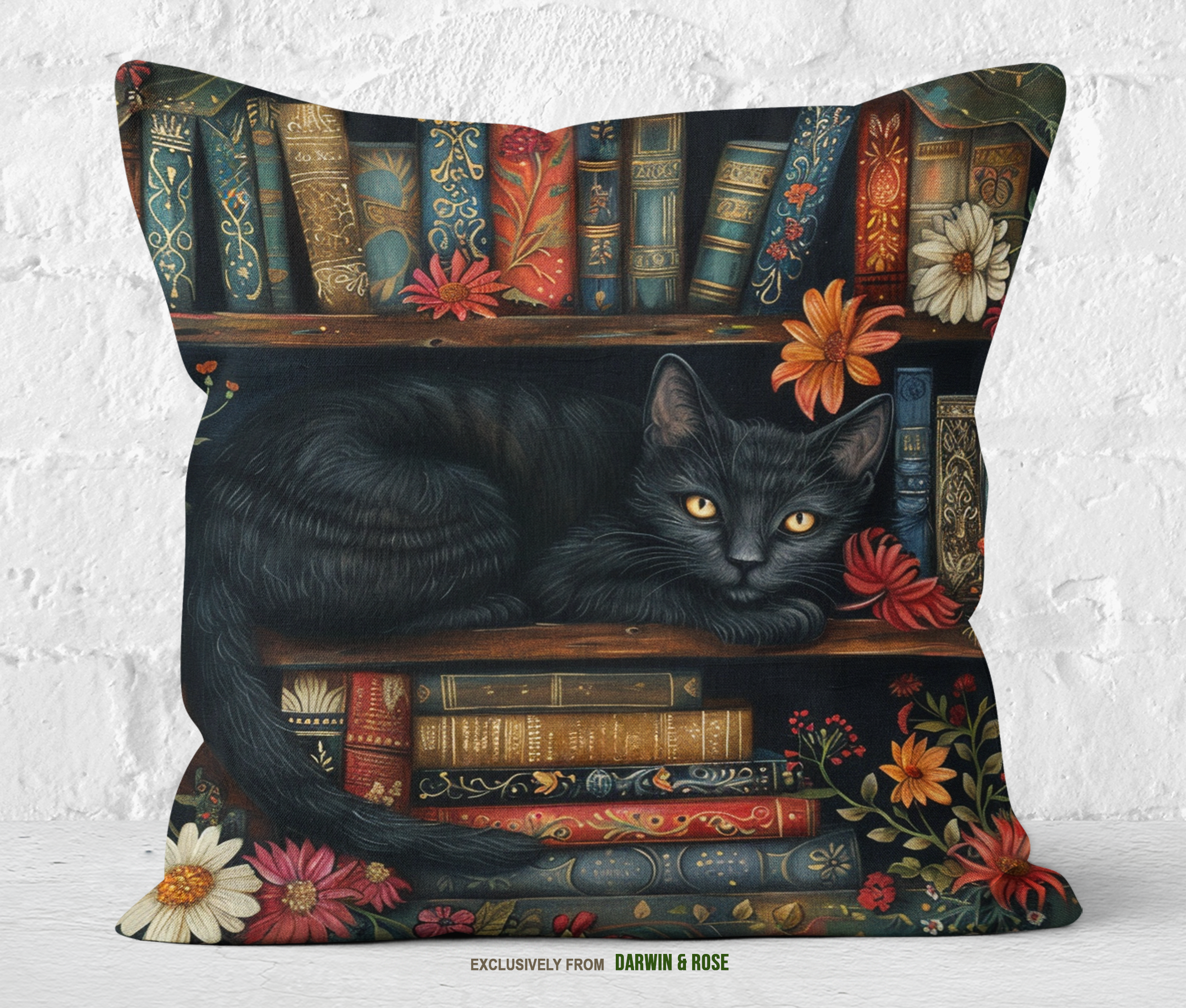Black Cat in Floral Library - Boho Throw Pillow for Book Lovers