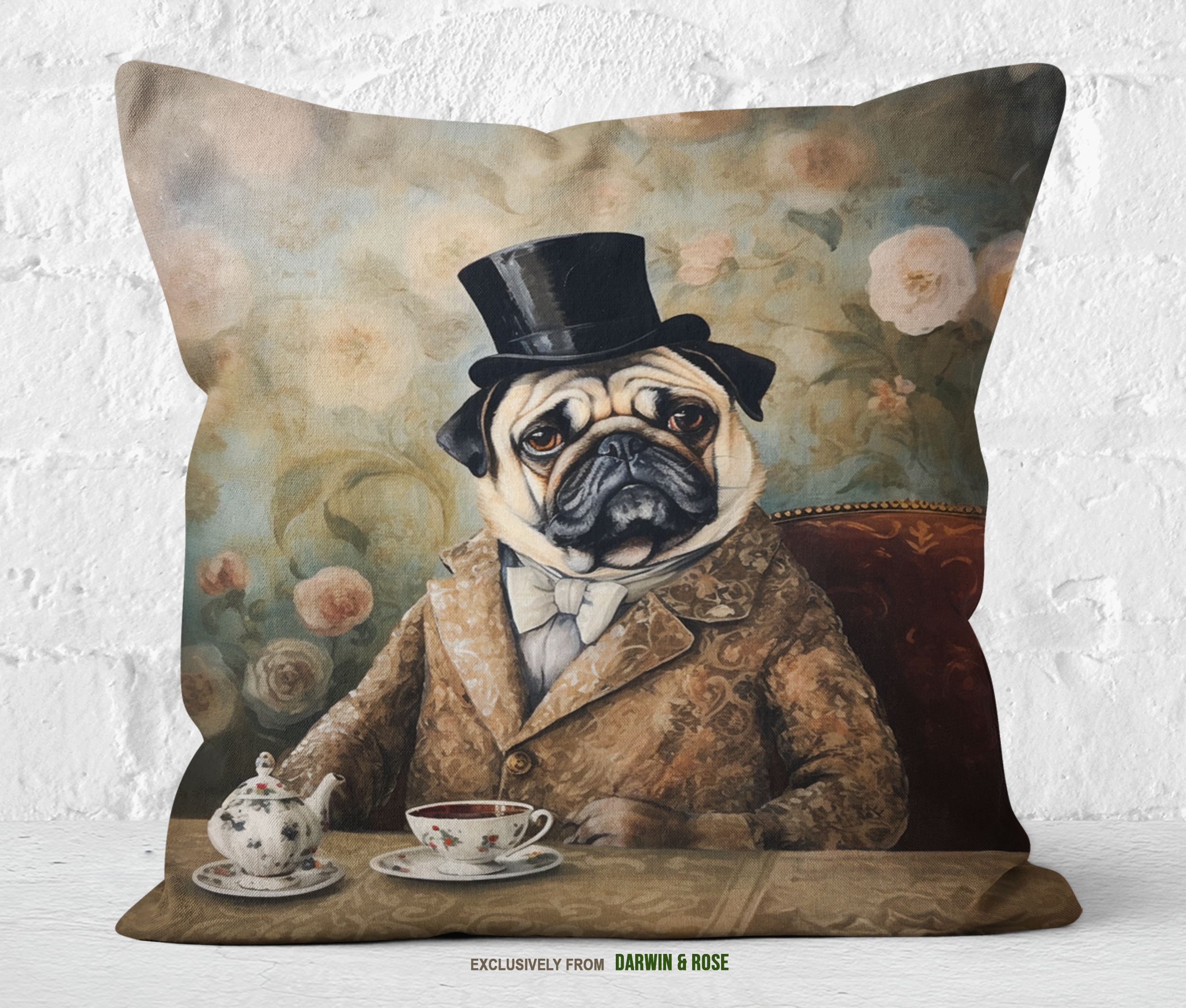 Pug Tea Party Elegance Throw Pillow – Vintage Victorian Style