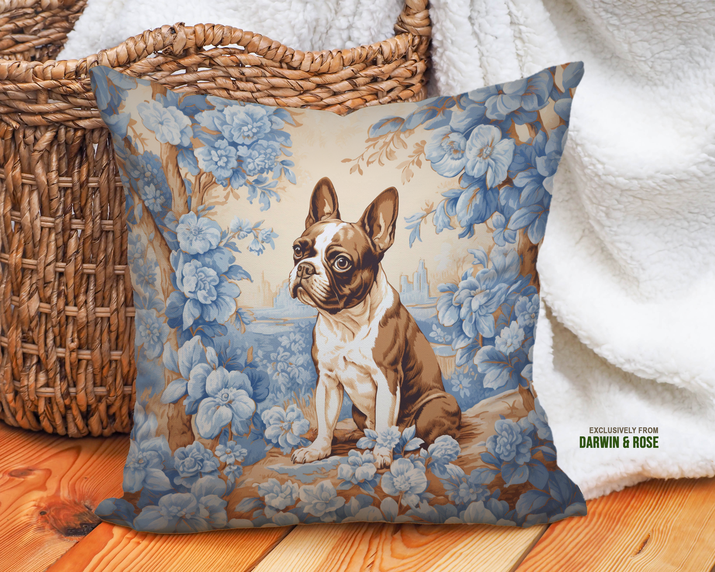 Brown Boston Terrier Toile Throw Pillow – Vintage-Inspired Farmhouse Decor