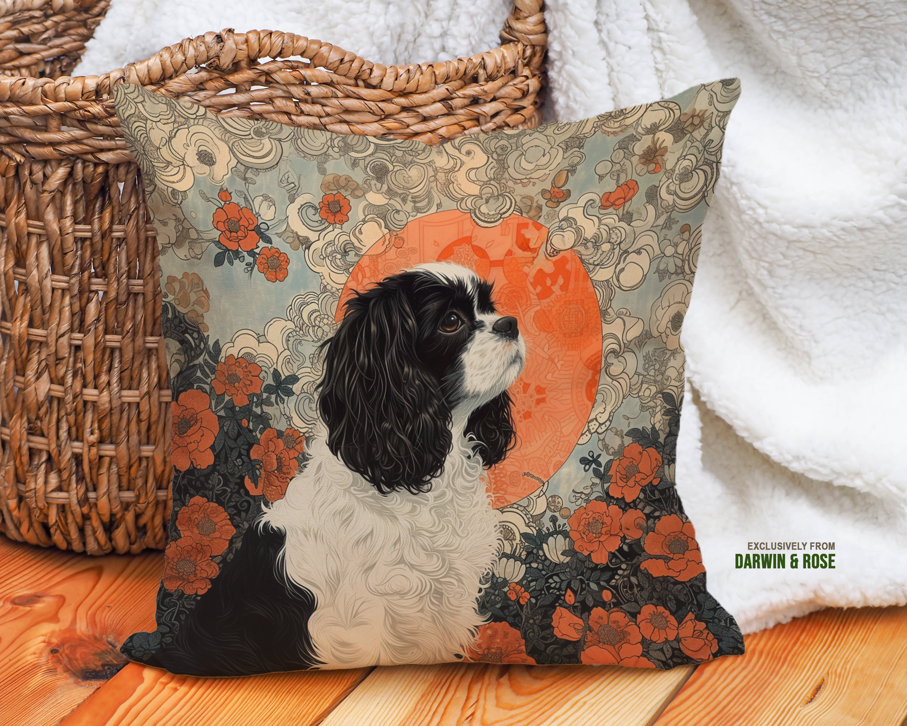 Cavalier King Charles Spaniel Boho Floral Throw Pillow