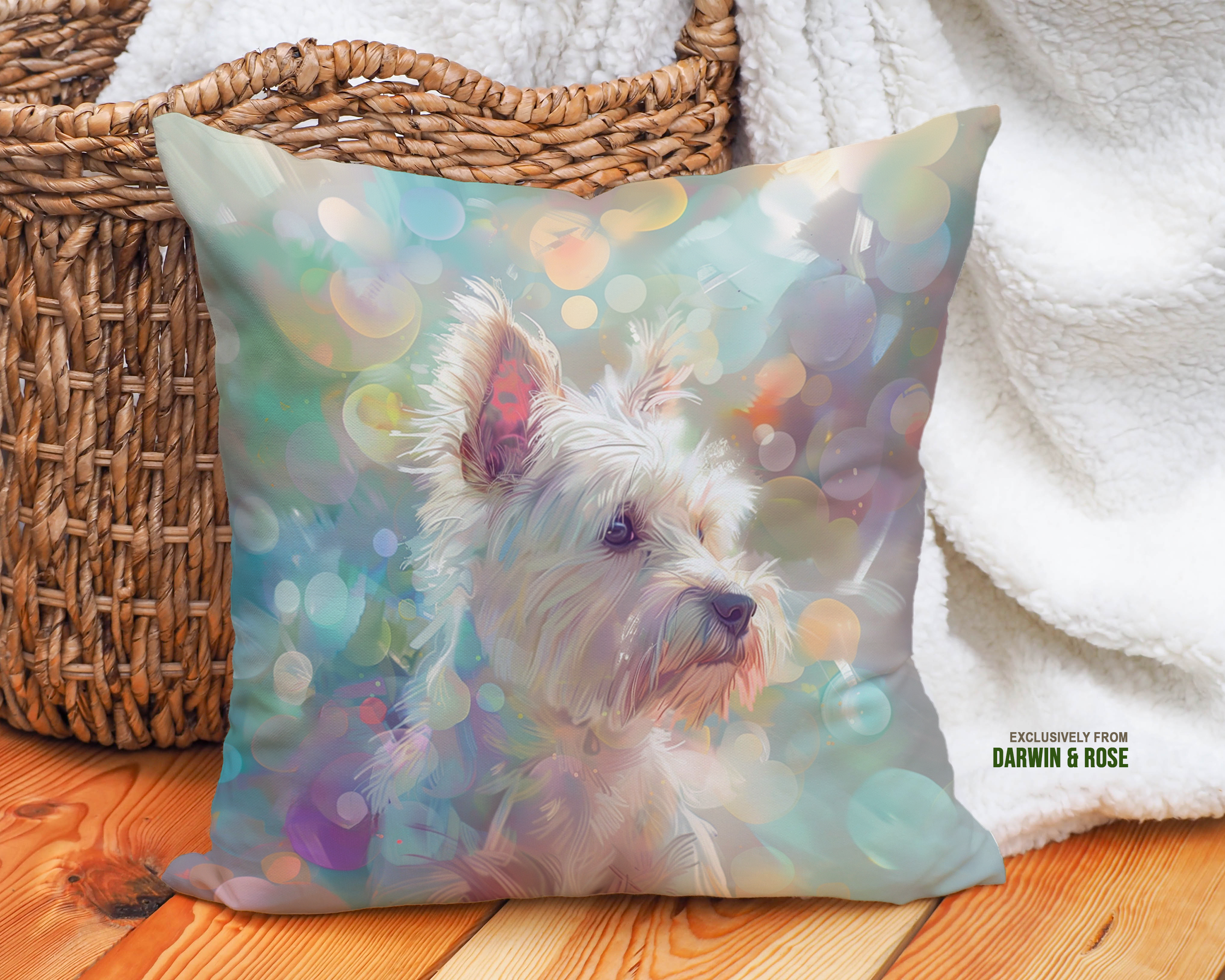 Westie Wonderland Throw Pillow – Modern Pastel West Highland White Terrier Design