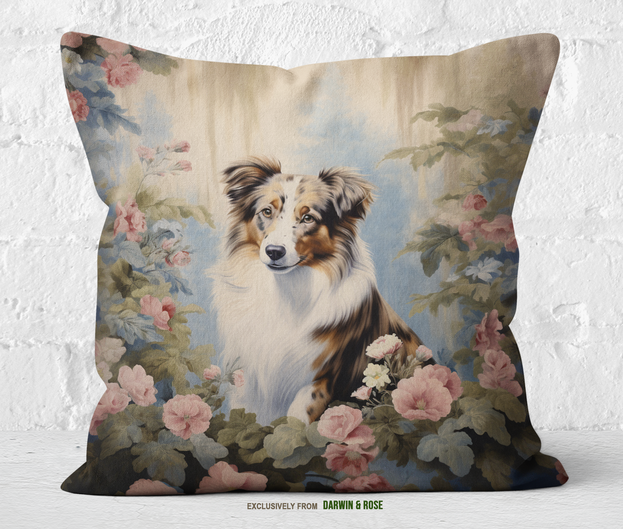 Australian Shepherd in Vintage Floral Bliss Throw Pillow