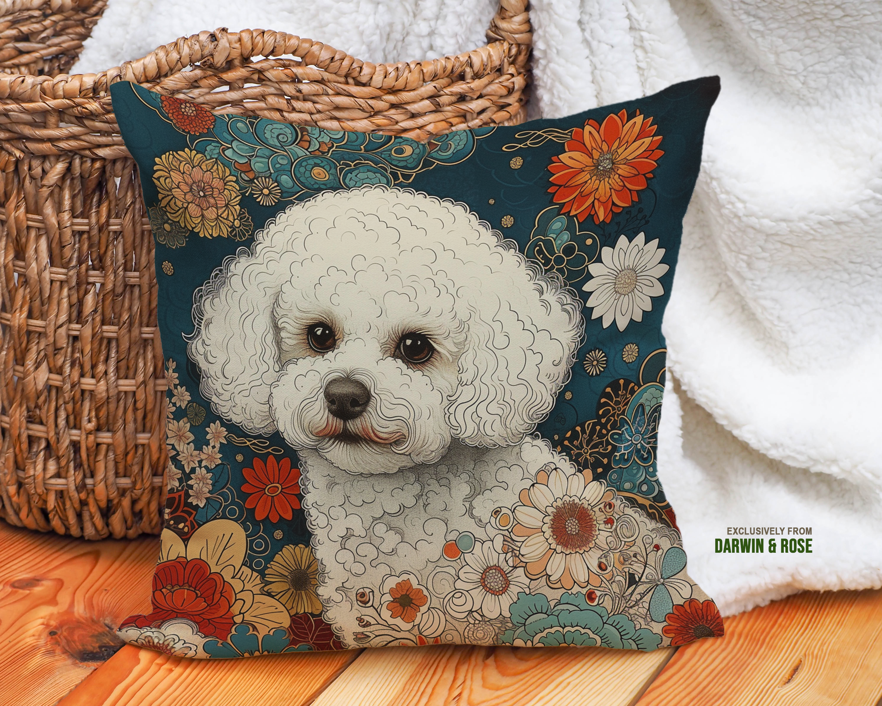Floral Boho Bichon Frise Throw Pillow – Vibrant Modern Décor Accent