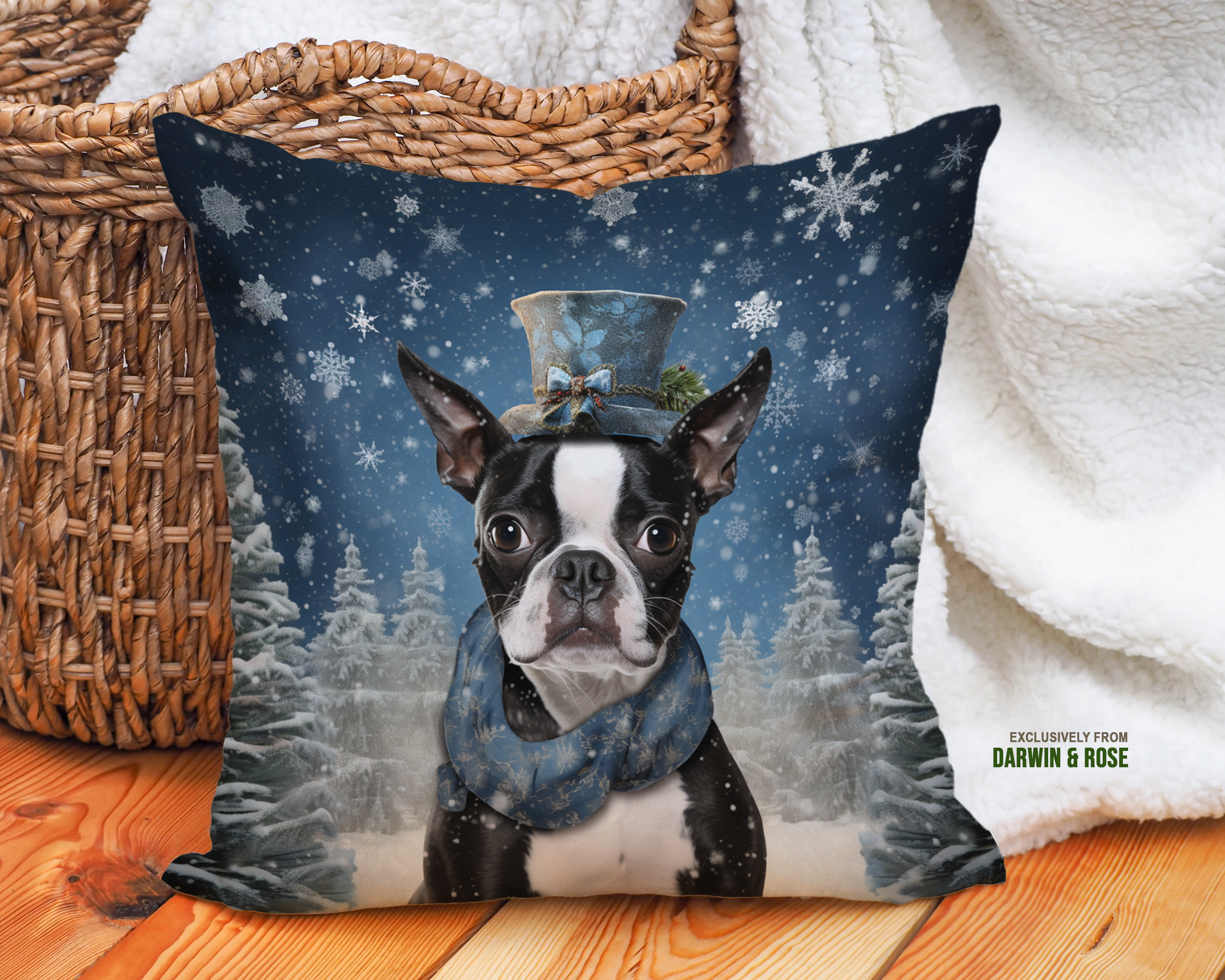 Boston Terrier Winter Wonderland Throw Pillow