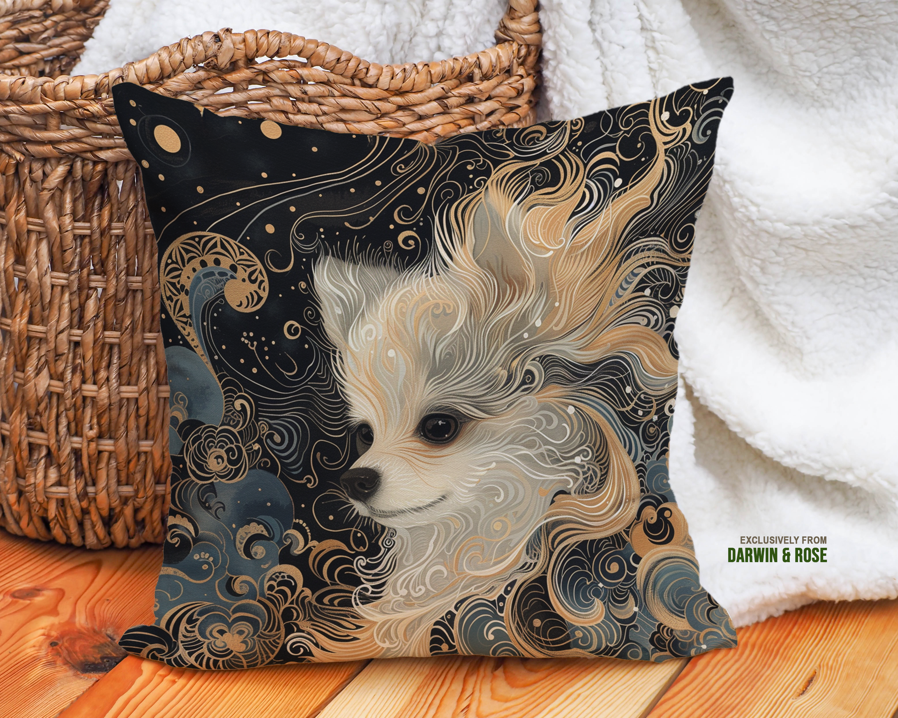 Whimsical Night Sky Pomeranian Throw Pillow – Boho Chic Home Décor