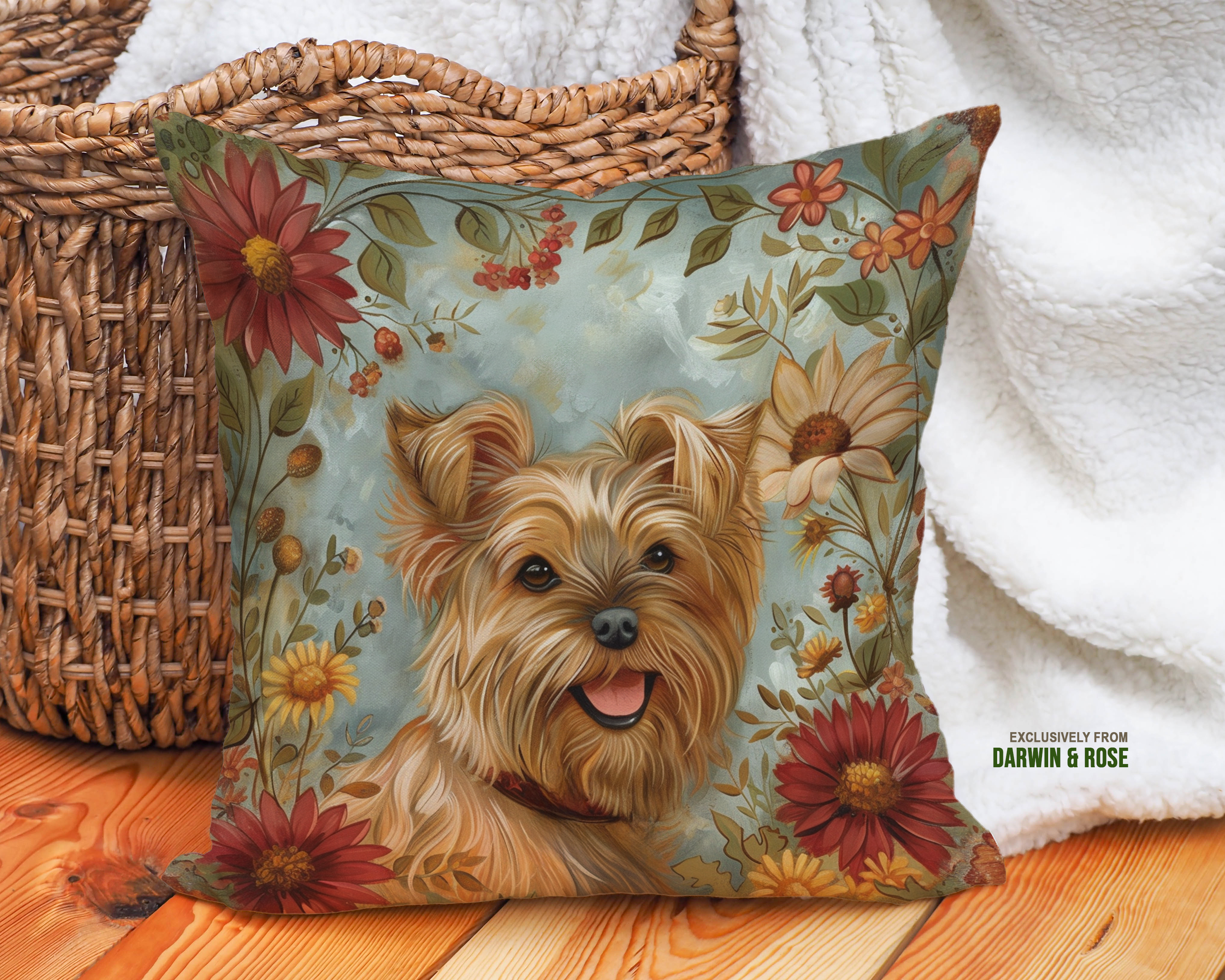 Yorkshire Terrier Autumn Floral Throw Pillow – Rustic Farmhouse Charm