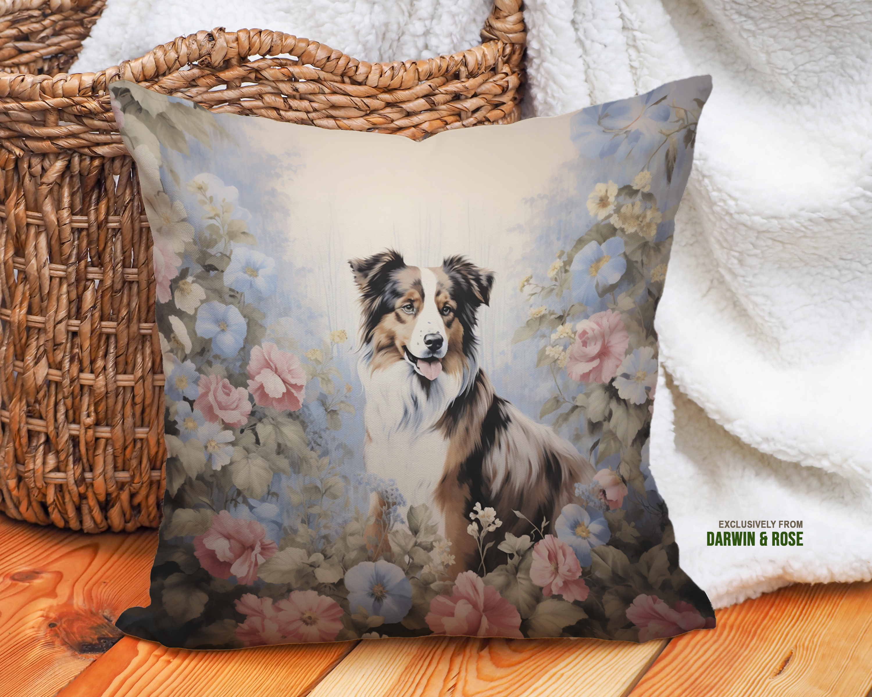 Australian Shepherd Floral Bliss Throw Pillow - Cottagecore Charm for Dog Lovers