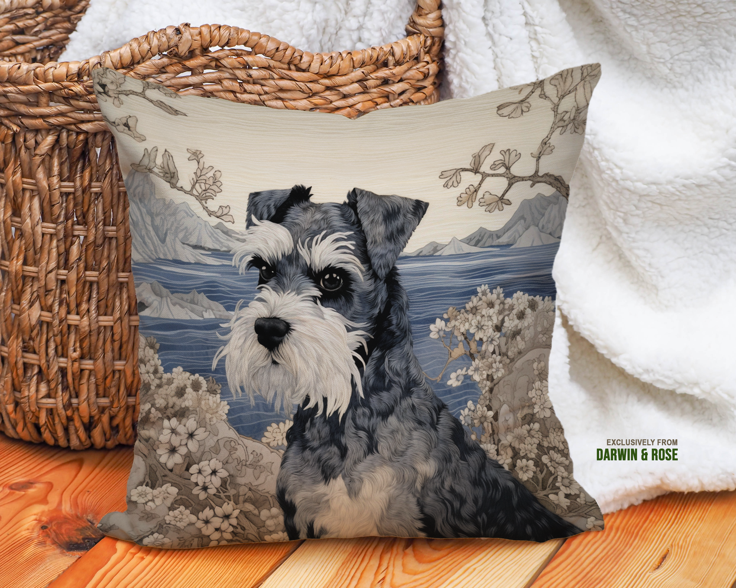 Miniature Schnauzer Scenic Design Throw Pillow – Coastal Farmhouse Style