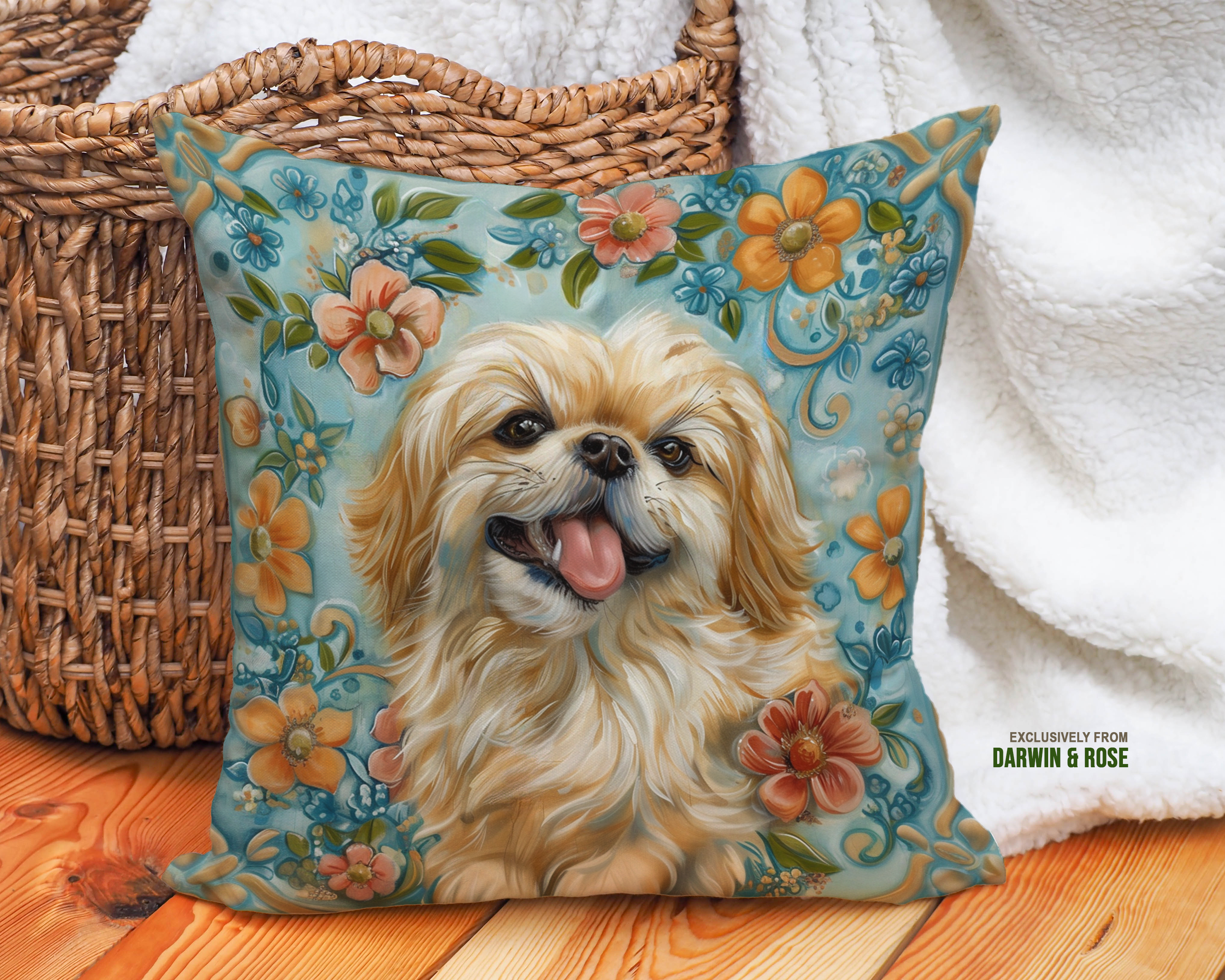 Pekingese Floral Bliss Throw Pillow – Vintage Boho Dog Décor