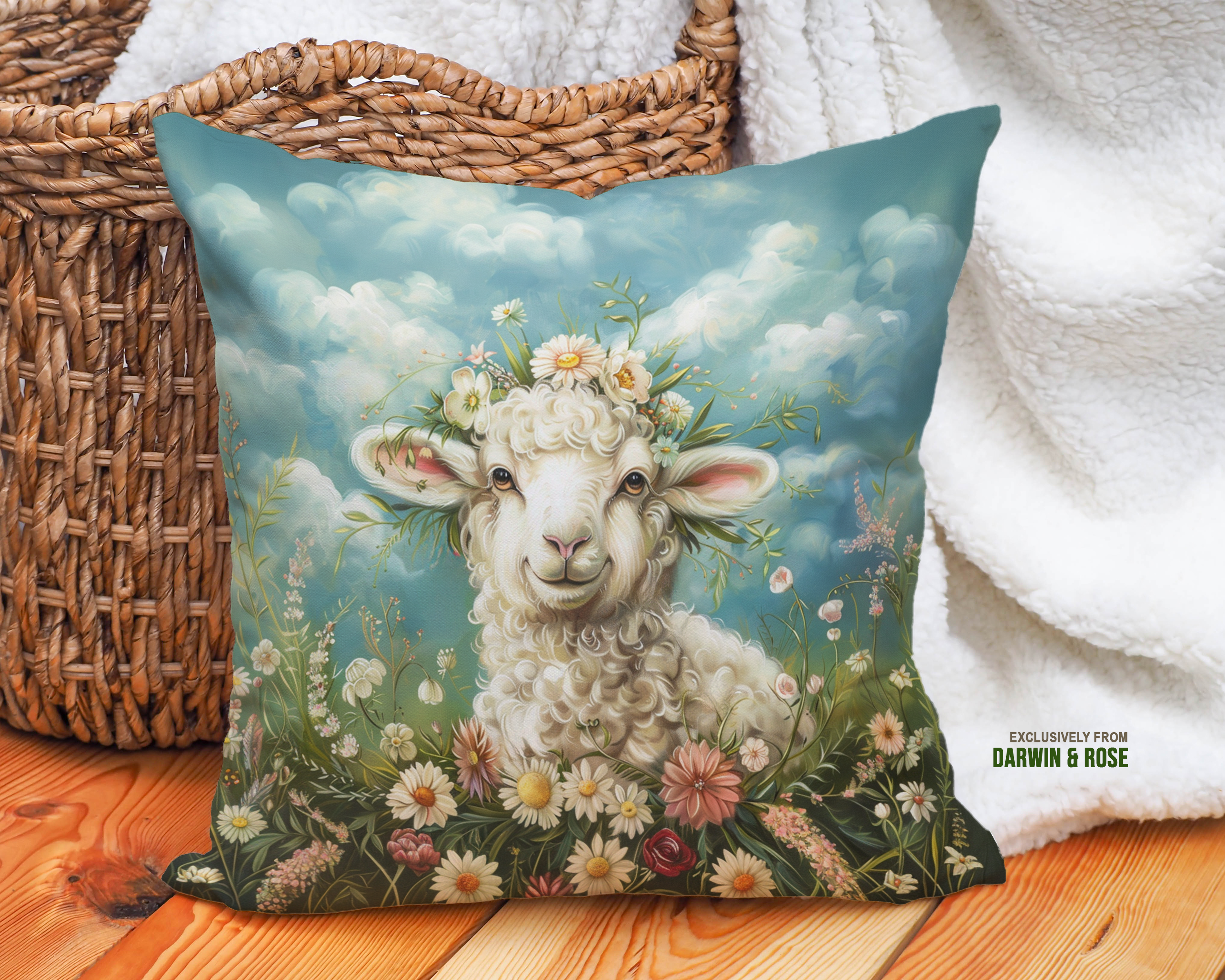Floral Bliss Easter Sheep Throw Pillow