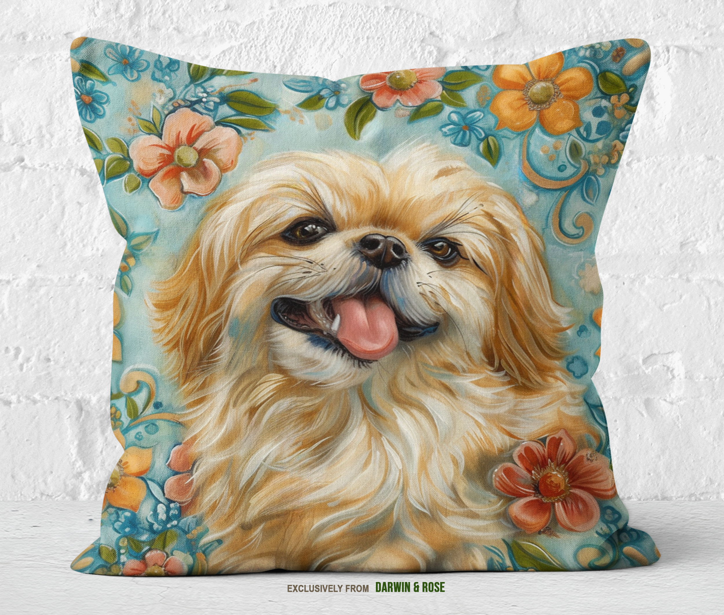 Pekingese Floral Bliss Throw Pillow – Vintage Boho Dog Décor