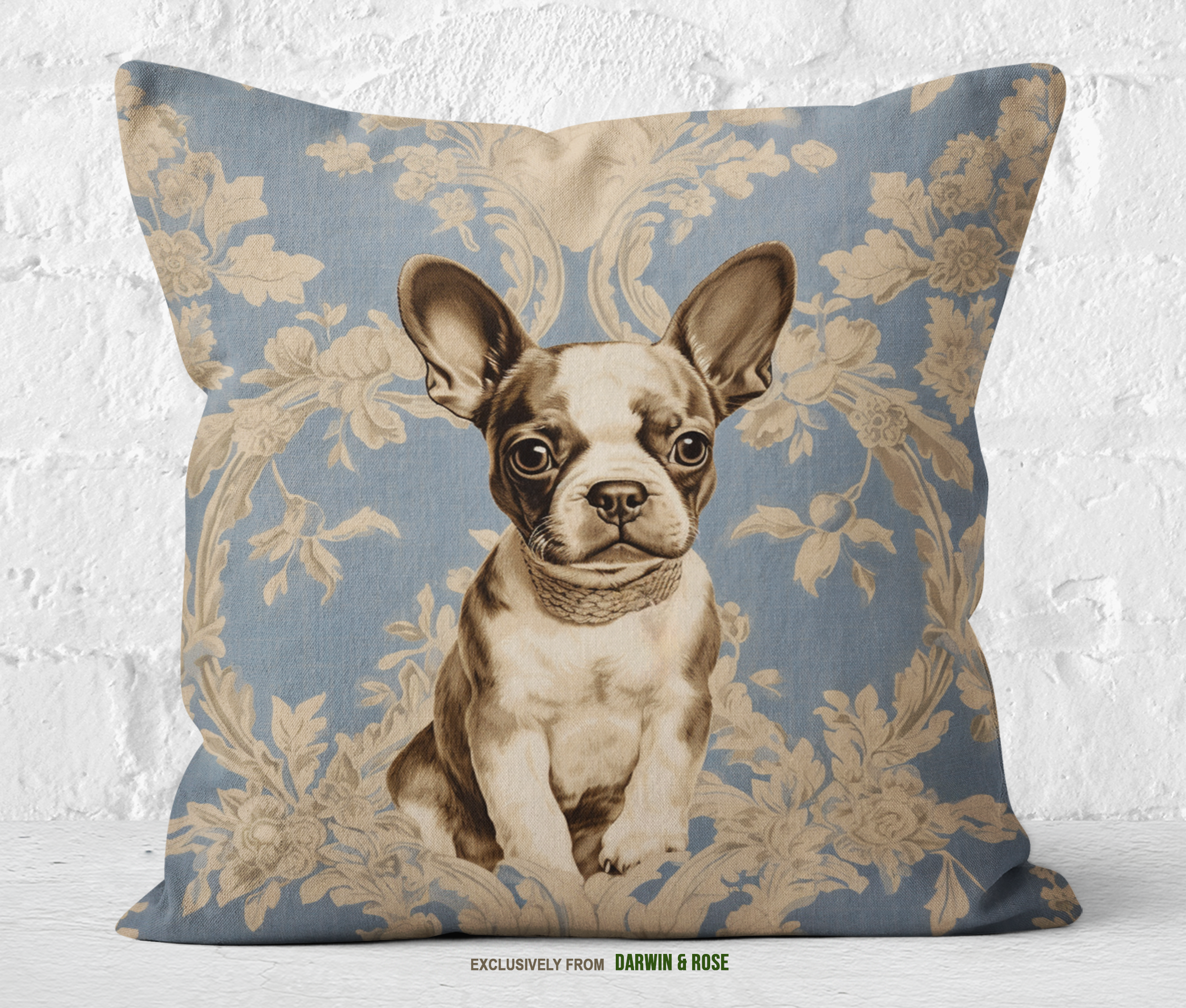 Charming French Country Boston Terrier Throw Pillow - Blue Floral Design