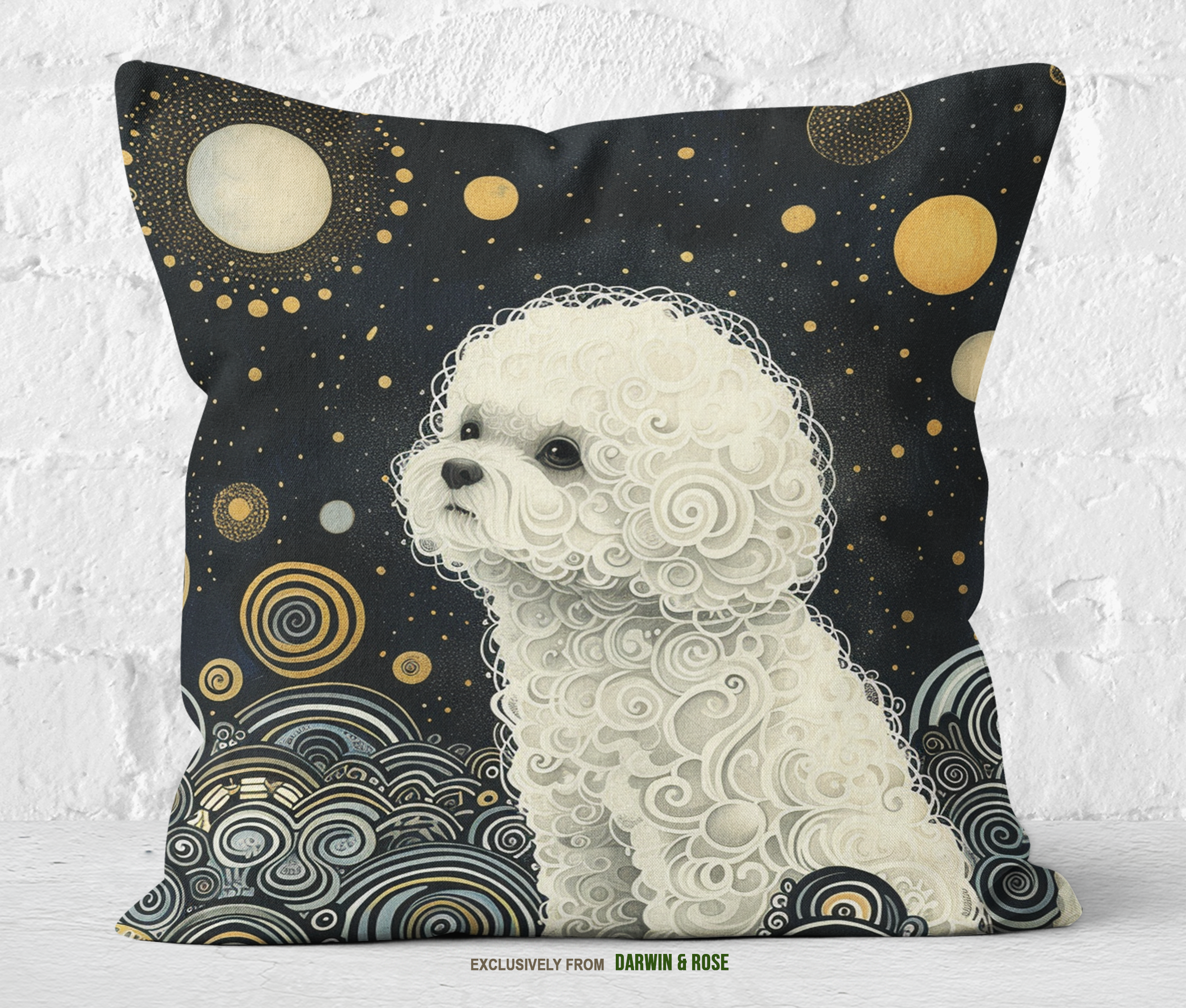 Celestial Bichon Frise Throw Pillow – Modern Cosmic Décor