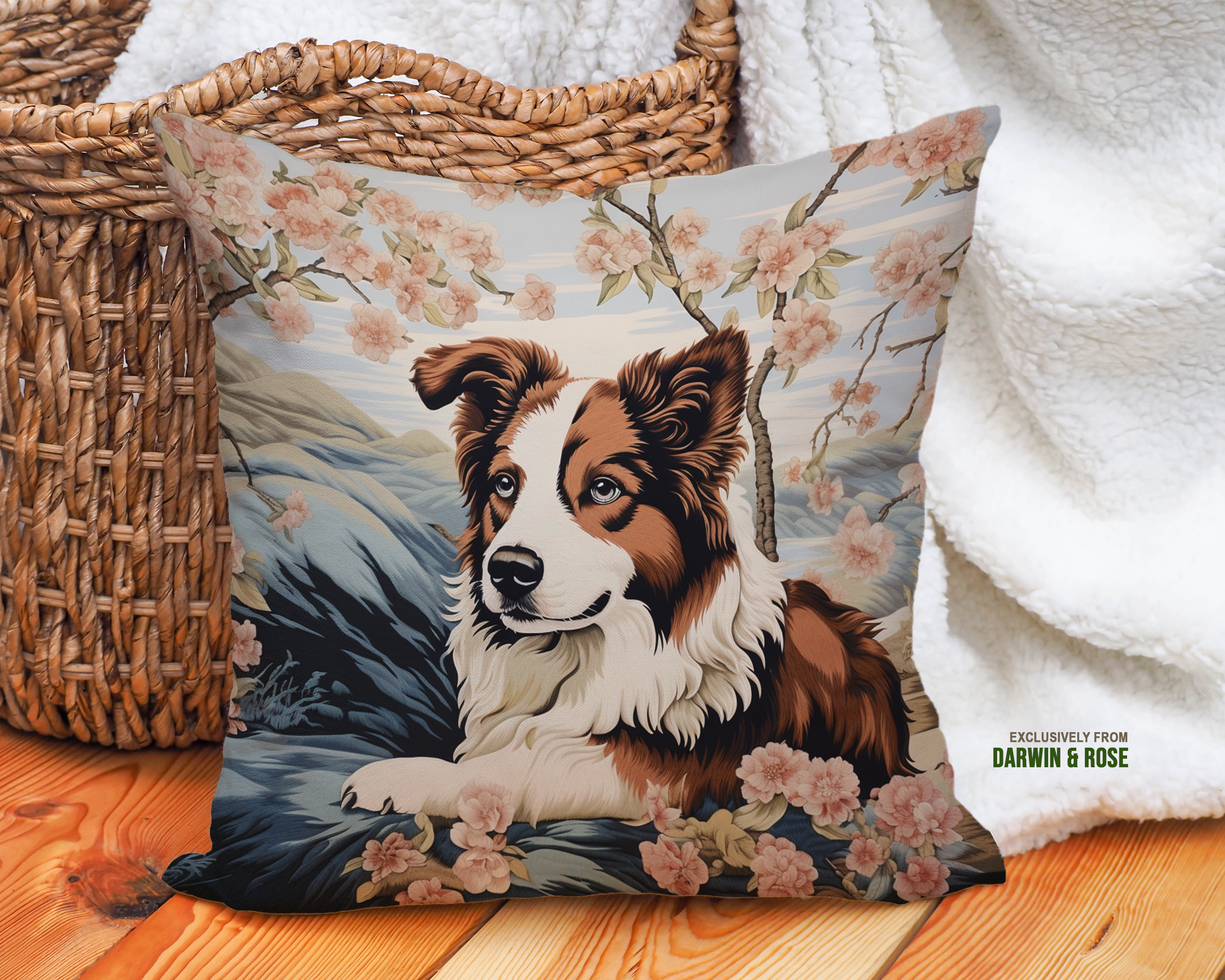 Border Collie Blossom Throw Pillow – Elegant Farmhouse Dog Décor