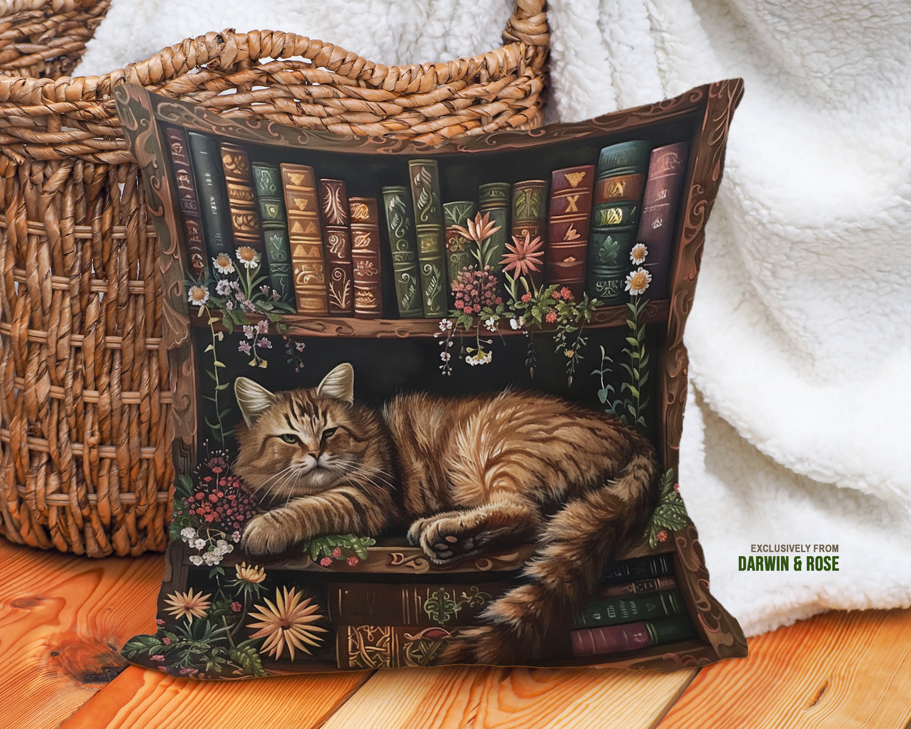 Cozy Tabby Cat in Vintage Bookshelf Throw Pillow for Boho Home Décor