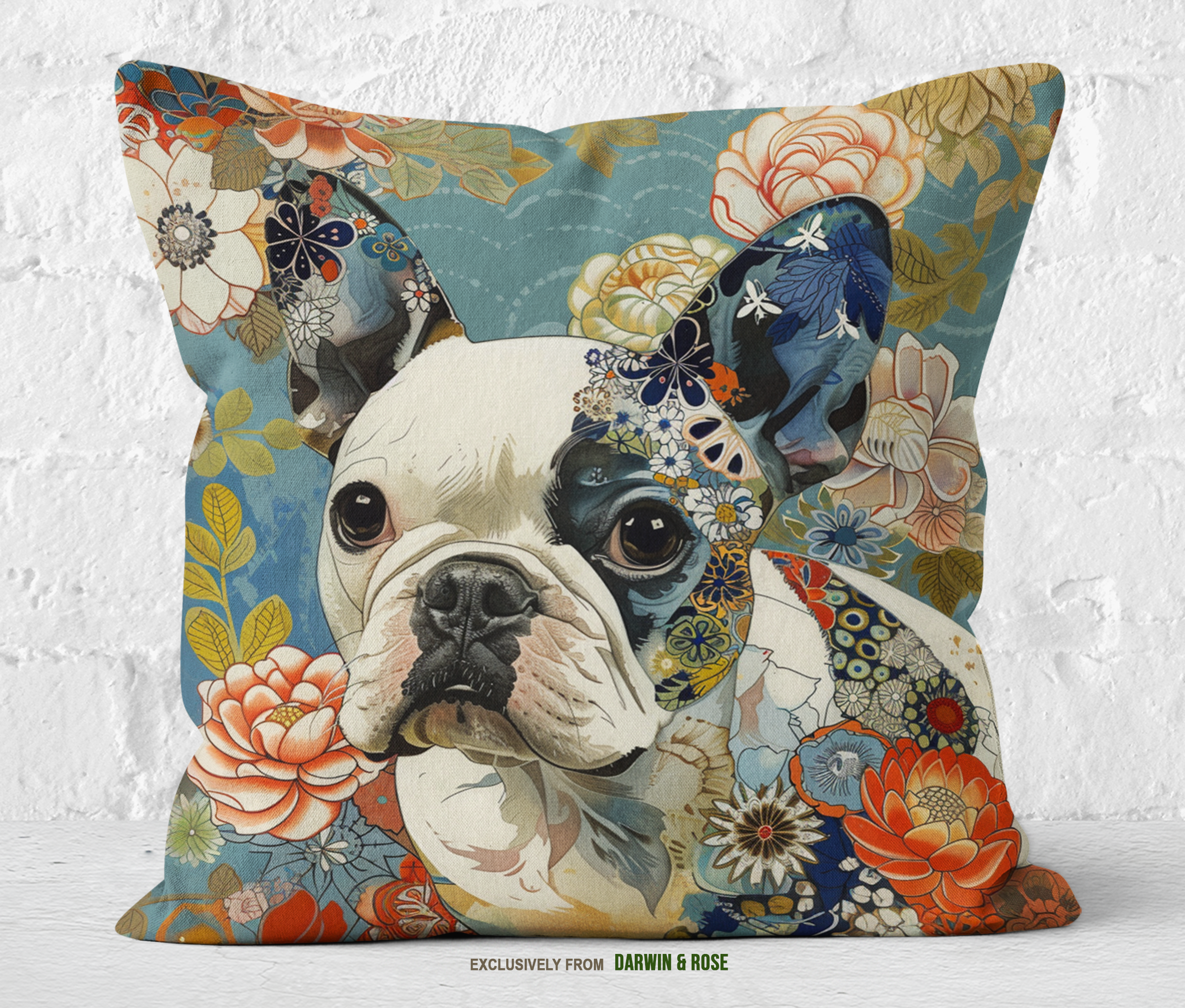 French Bulldog Floral Patchwork Throw Pillow – Modern & Vibrant Home Décor