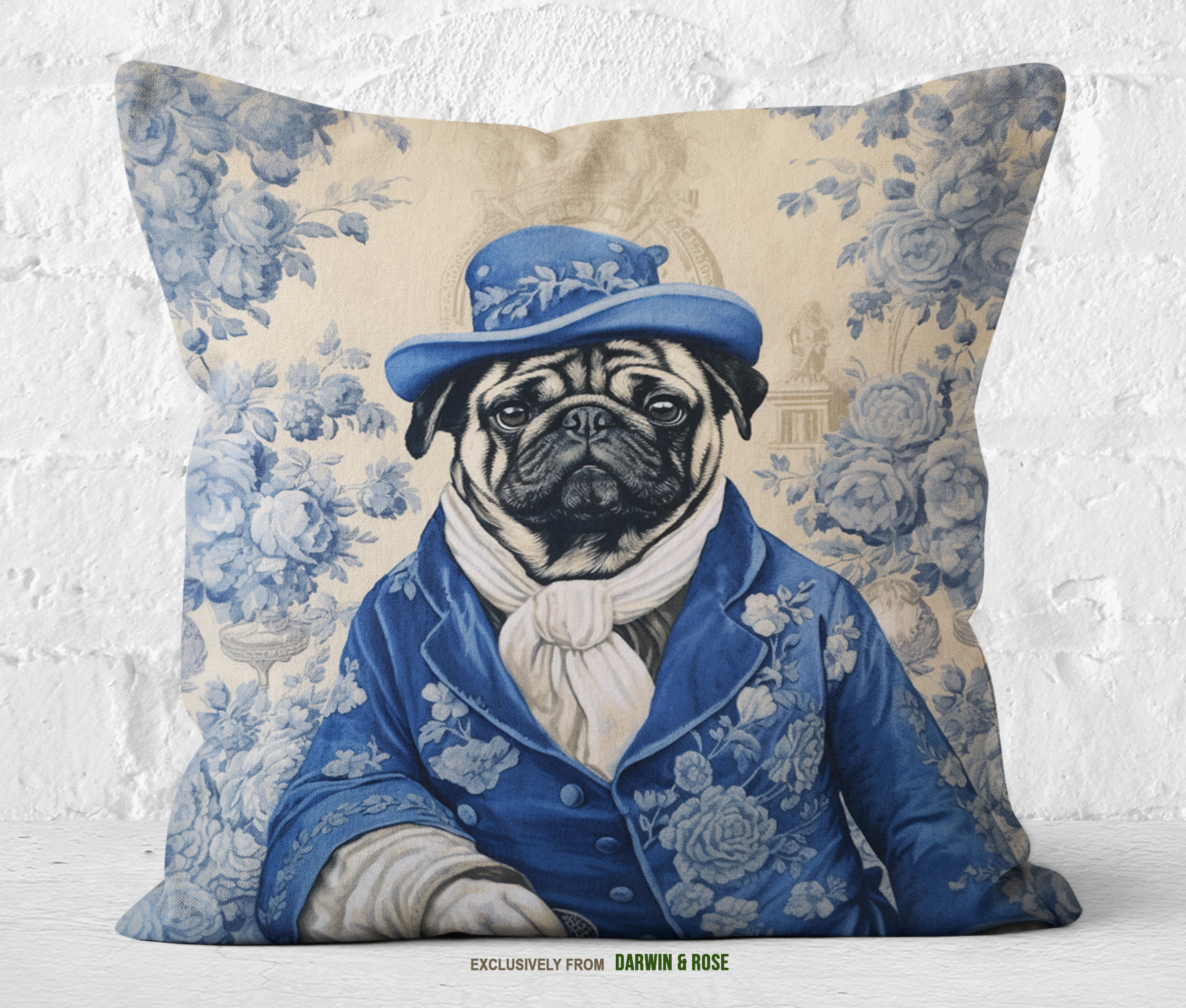 Regal Blue Pug Throw Pillow – Vintage Victorian Style Home Décor