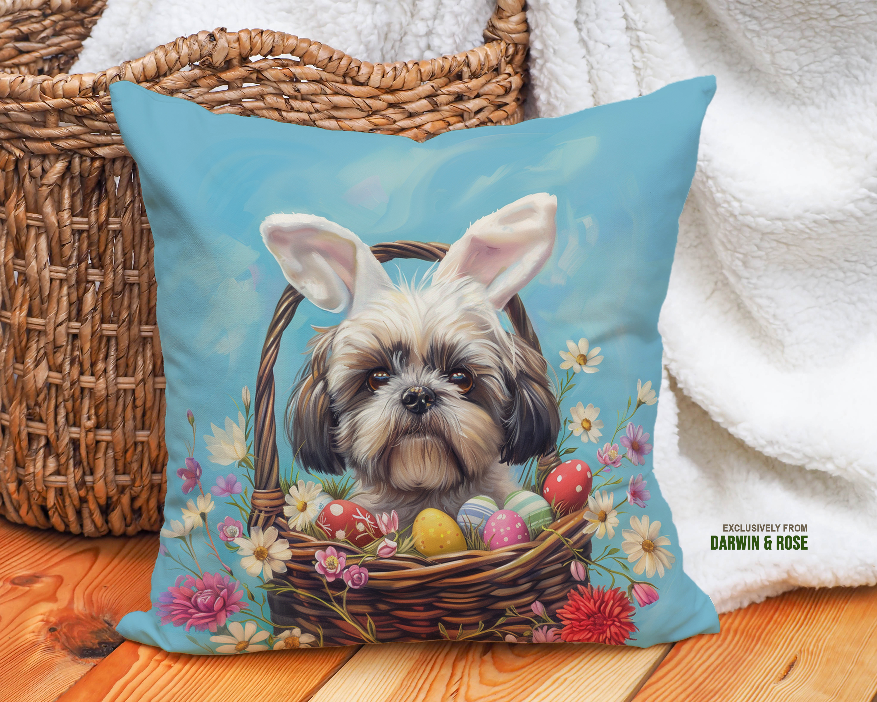 Easter Shih Tzu Throw Pillow – Whimsical Spring Farmhouse Decor