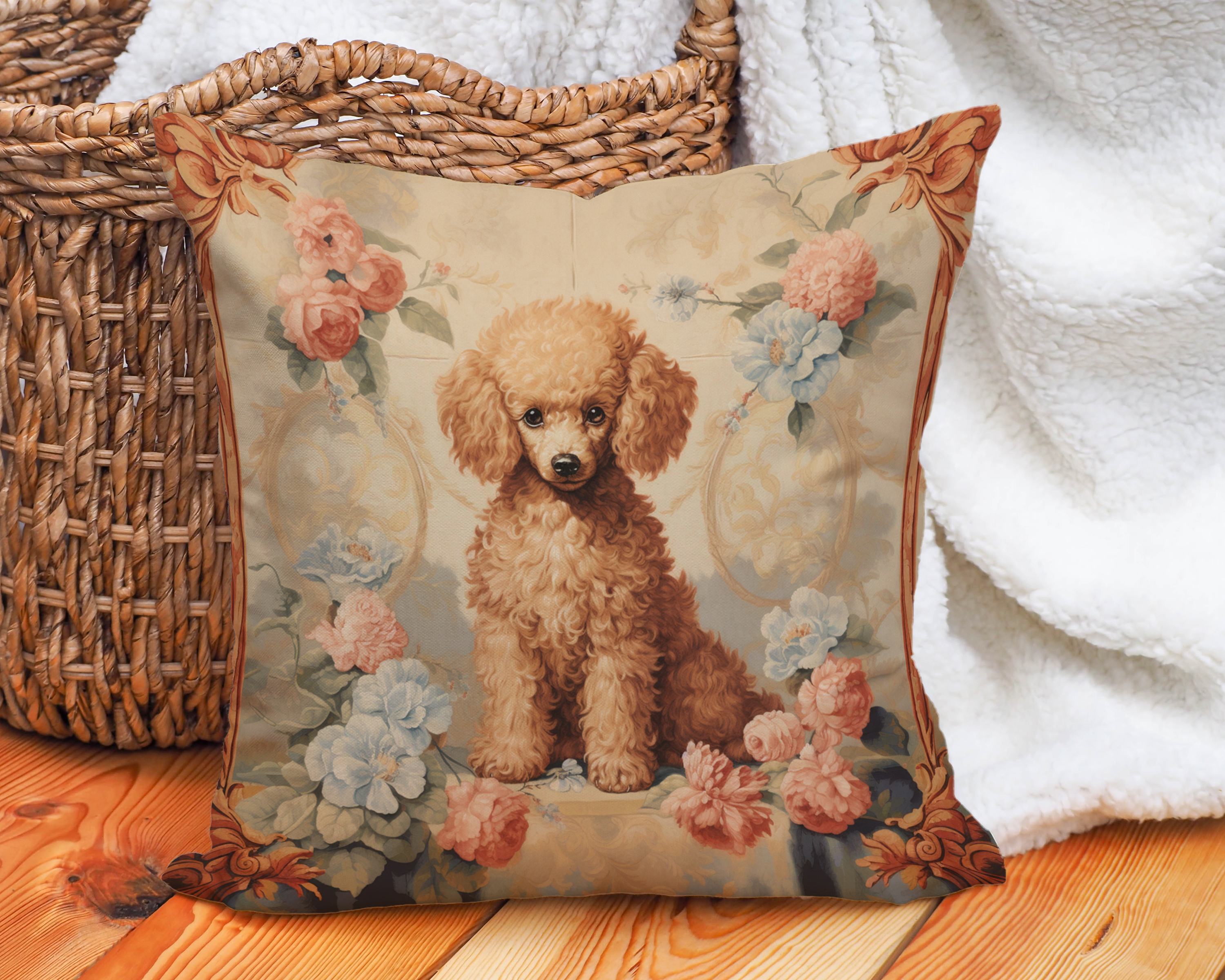 The Apricot Bloom Poodle Throw Pillow | Elegant Dog Art Cushion - Darwin & Rose