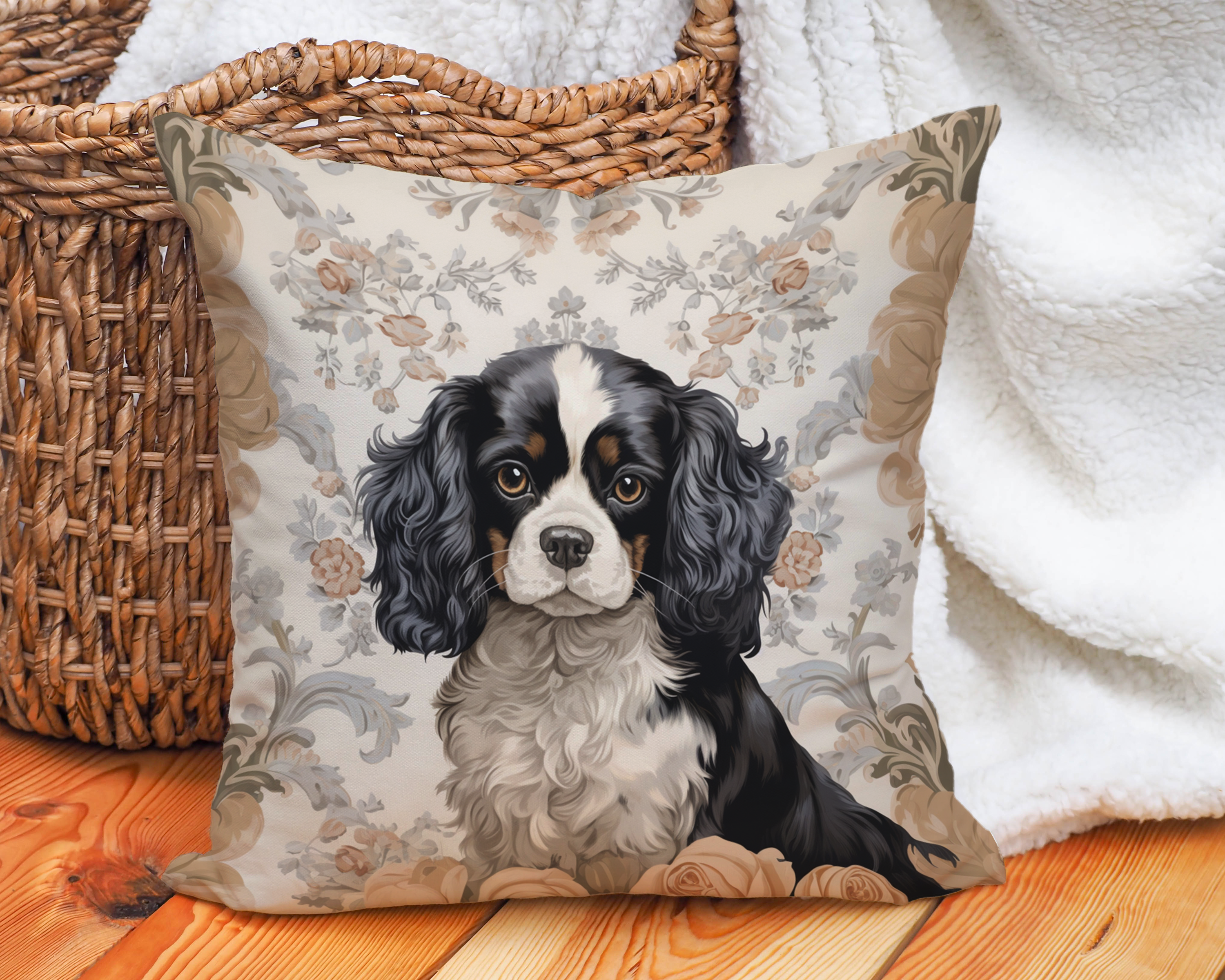 The Rosewood Tri-Color Cavi Throw Pillow | Cavalier King Charles Spaniel Cushion - Darwin & Rose