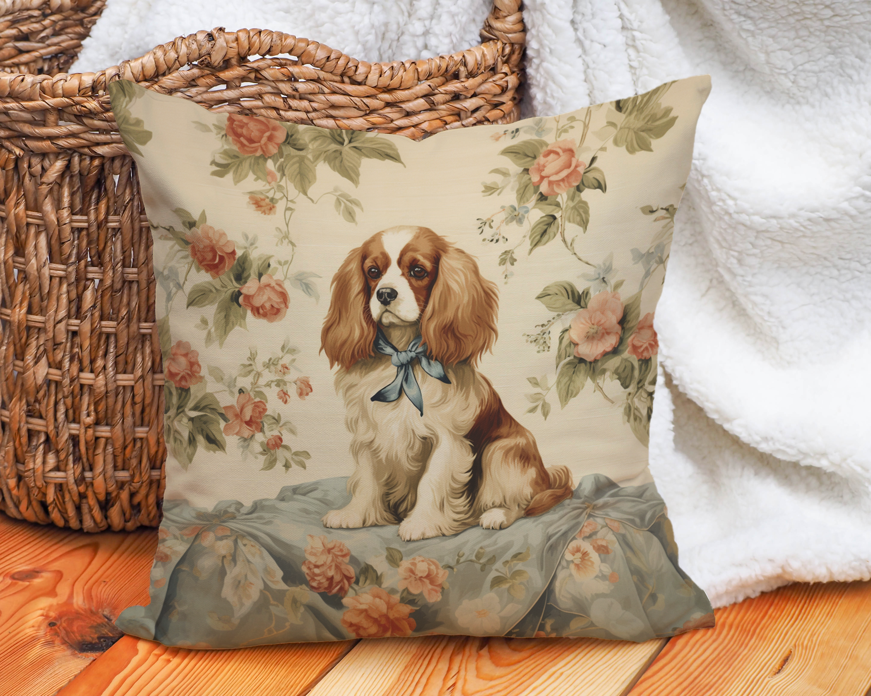 The Blossom Cavi Throw Pillow | Cavalier King Charles Spaniel Floral Cushion - Darwin & Rose