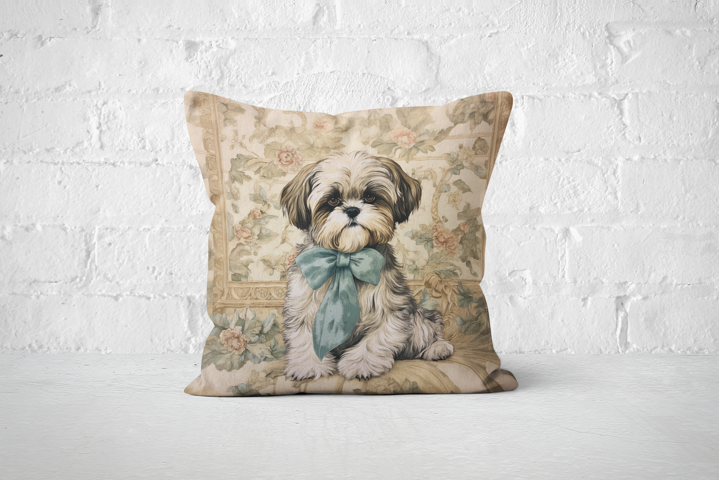 The Bow-Tied Shih Tzu Throw Pillow | Vintage Toile Dog Cushion - Darwin & Rose