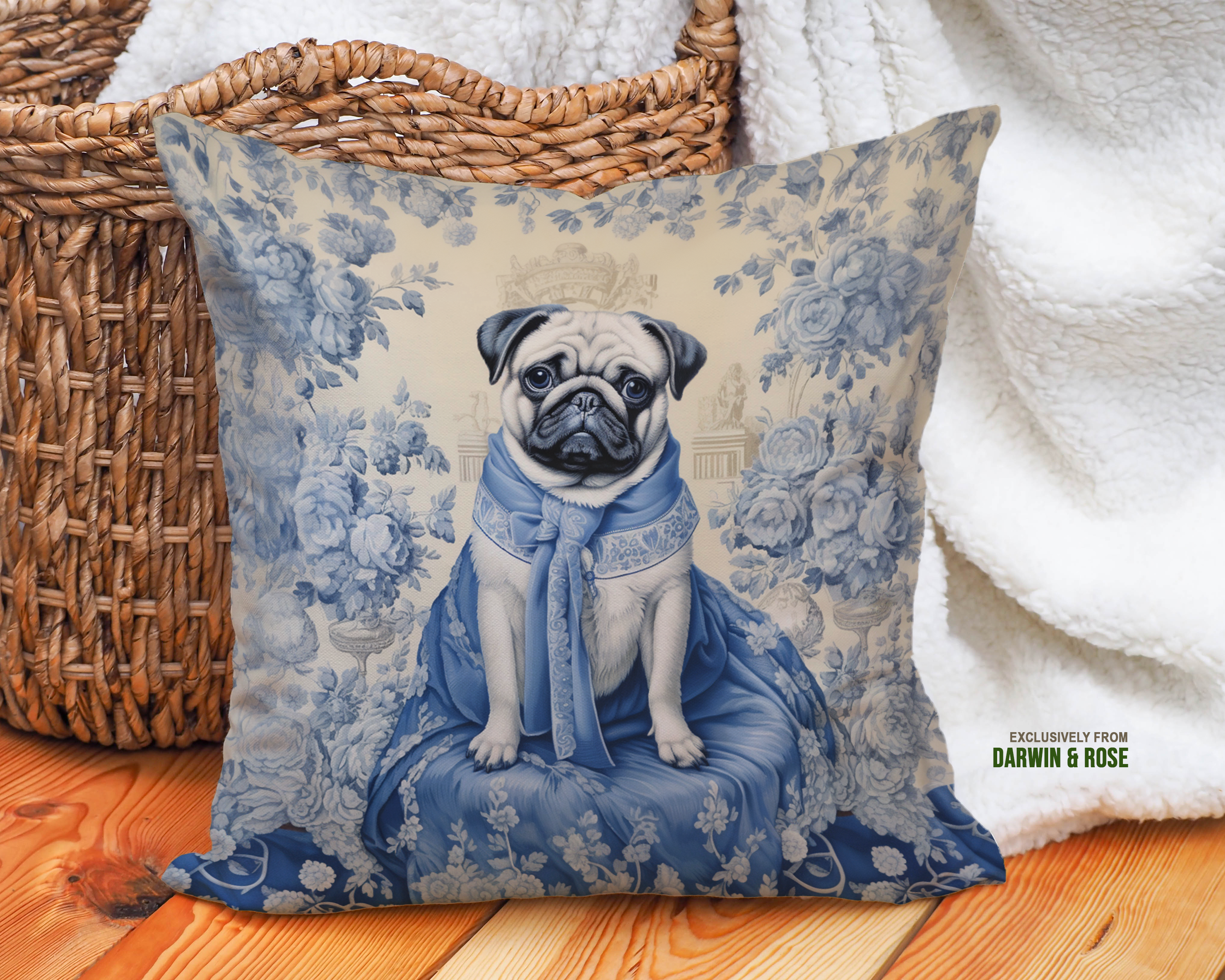 Royal Pug Elegance Throw Pillow – Vintage Blue Toile Design for Modern Decor