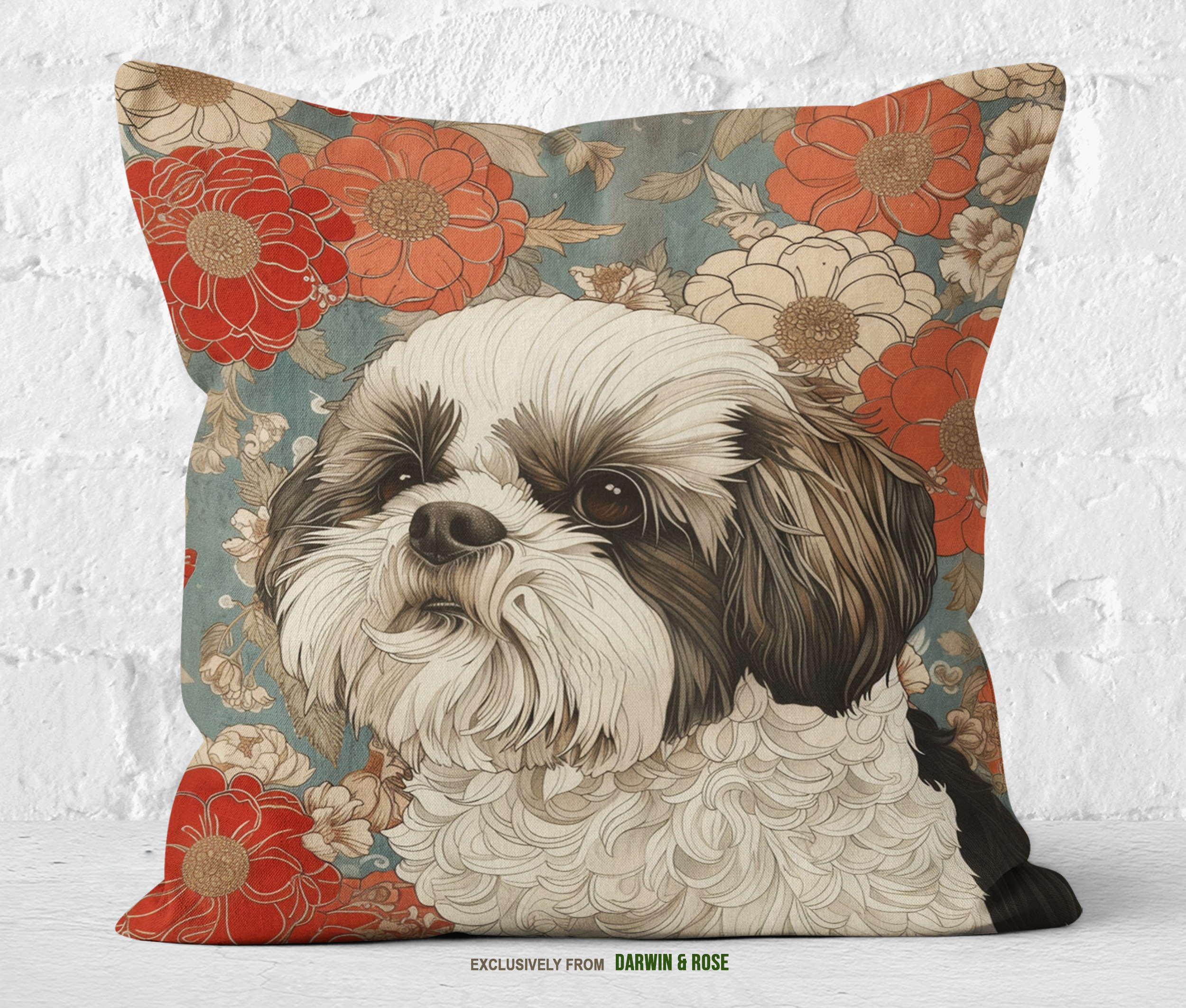 Shih Tzu Elegance Floral Throw Pillow - Boho Style Home Decor