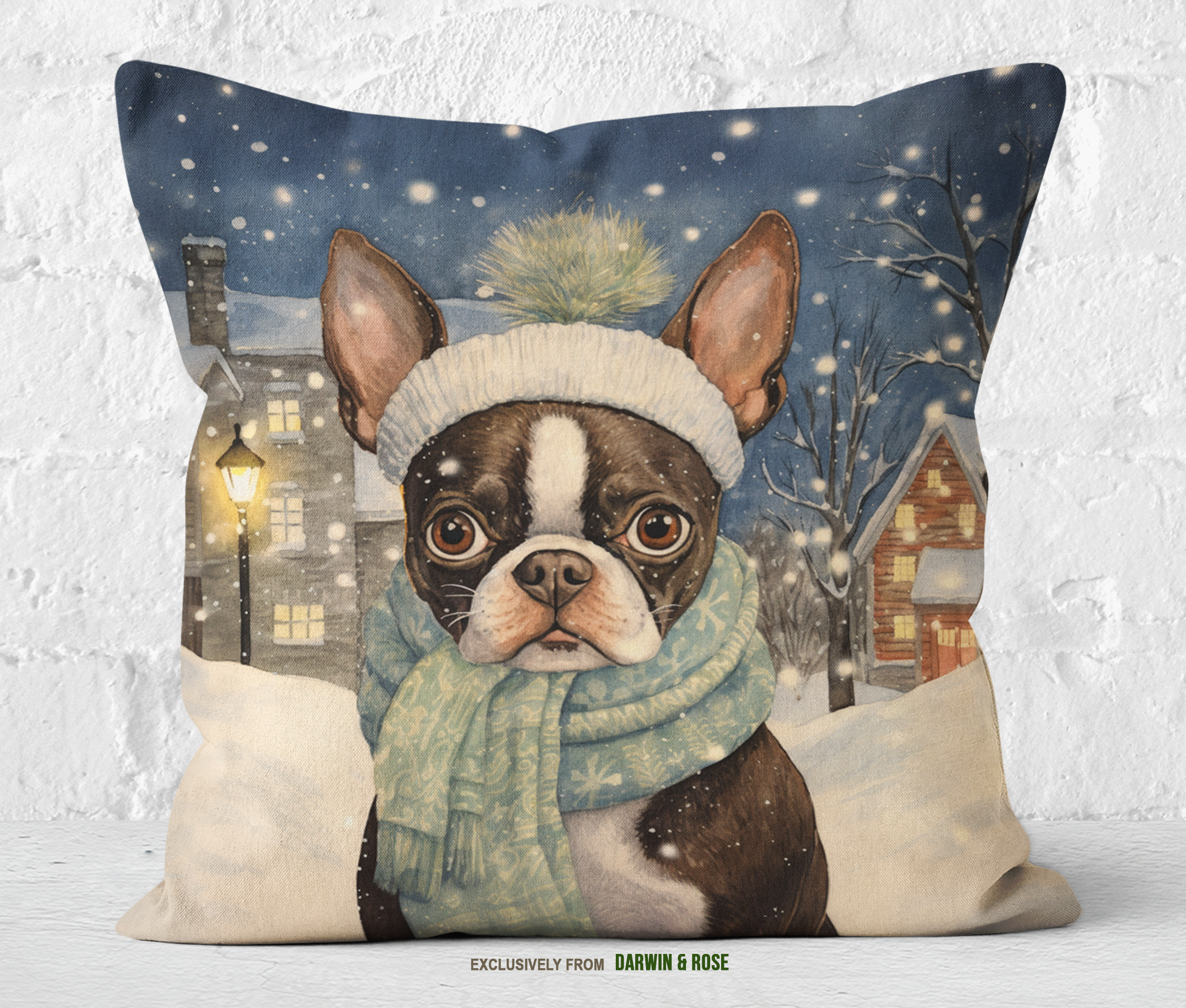 Boston Terrier Winter Wonderland Throw Pillow