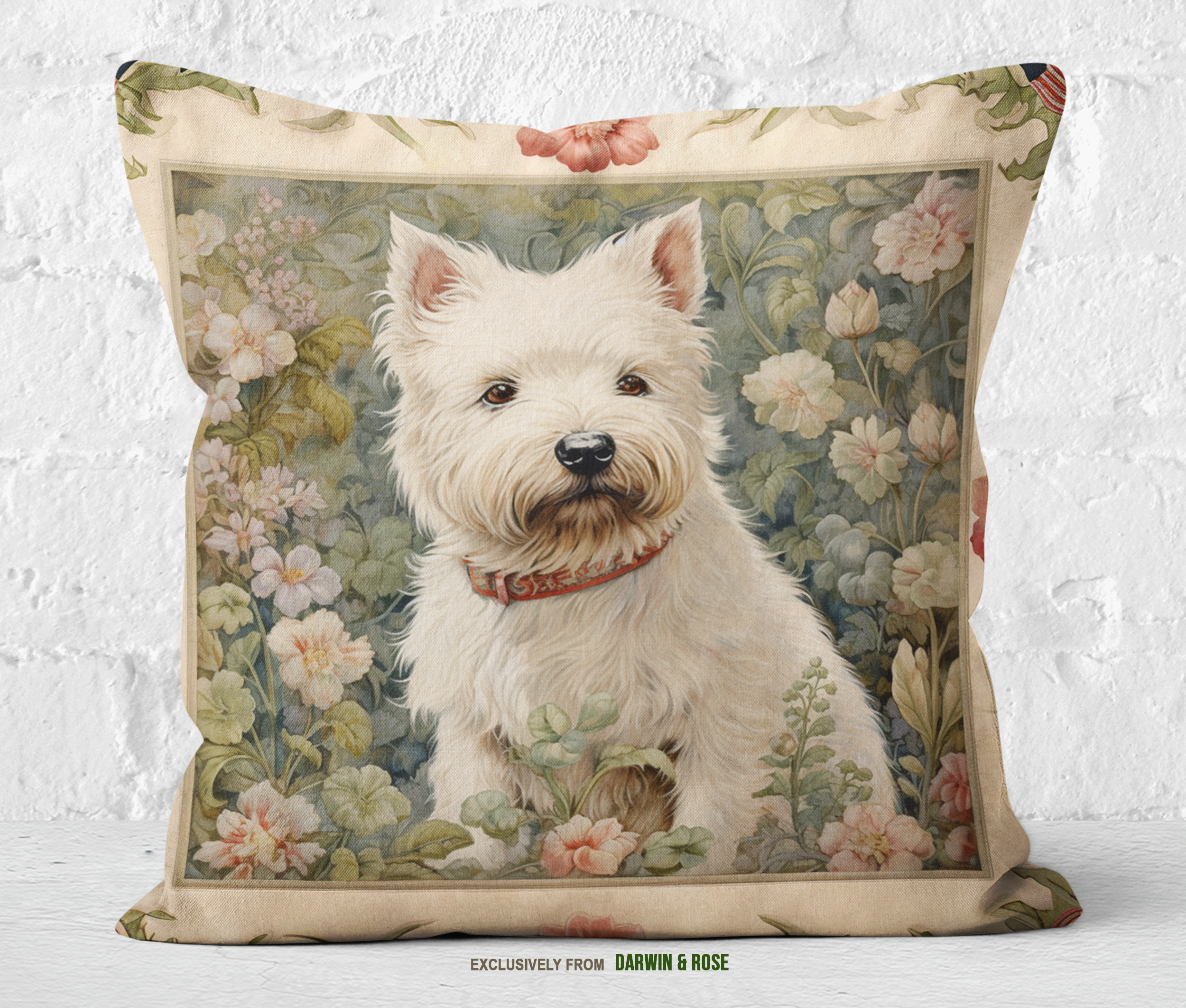 Westie Floral Garden Throw Pillow – Farmhouse Style with West Highland White Terrier