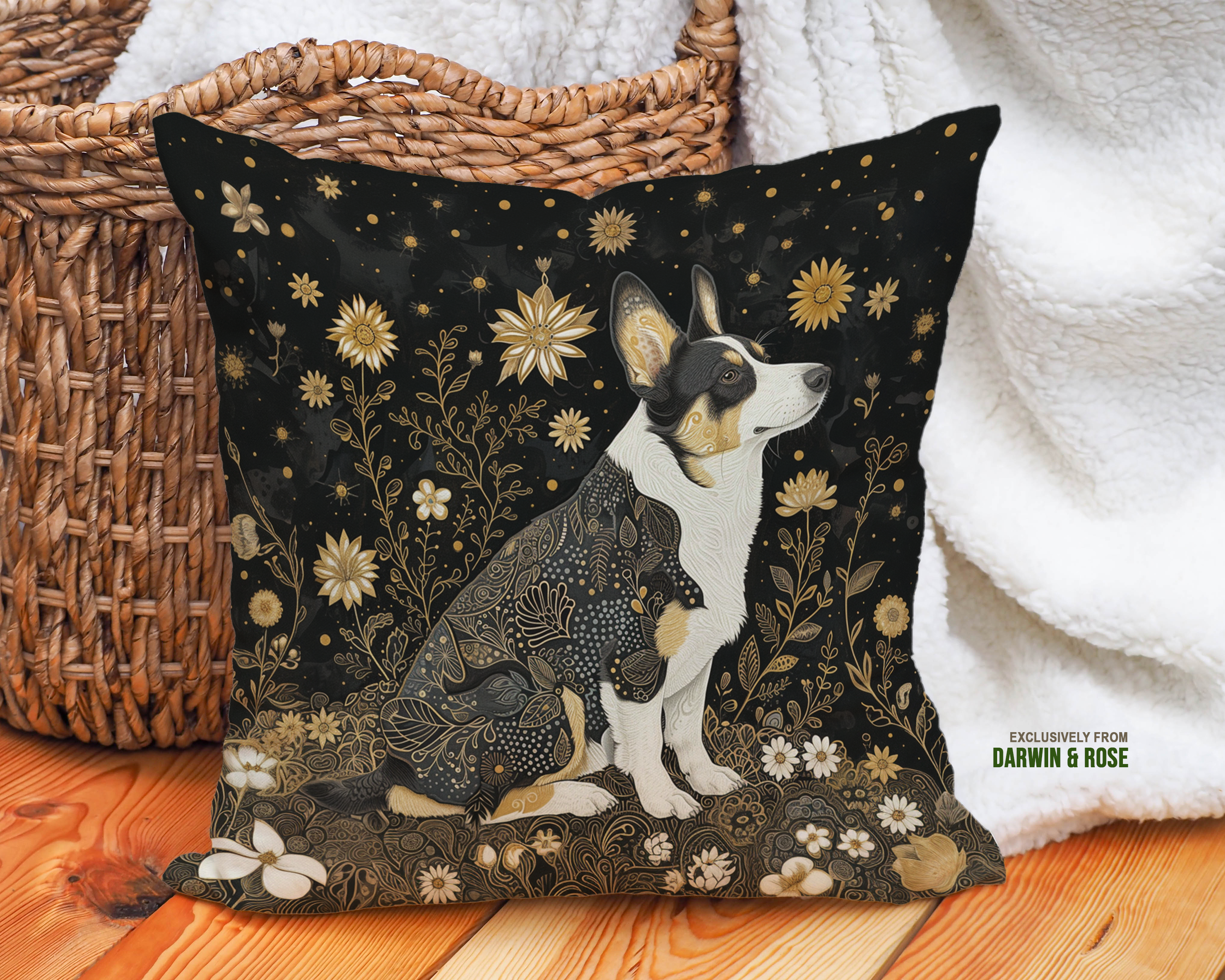 Golden Night Garden Cardigan Welsh Corgi Throw Pillow – Boho Elegance Décor