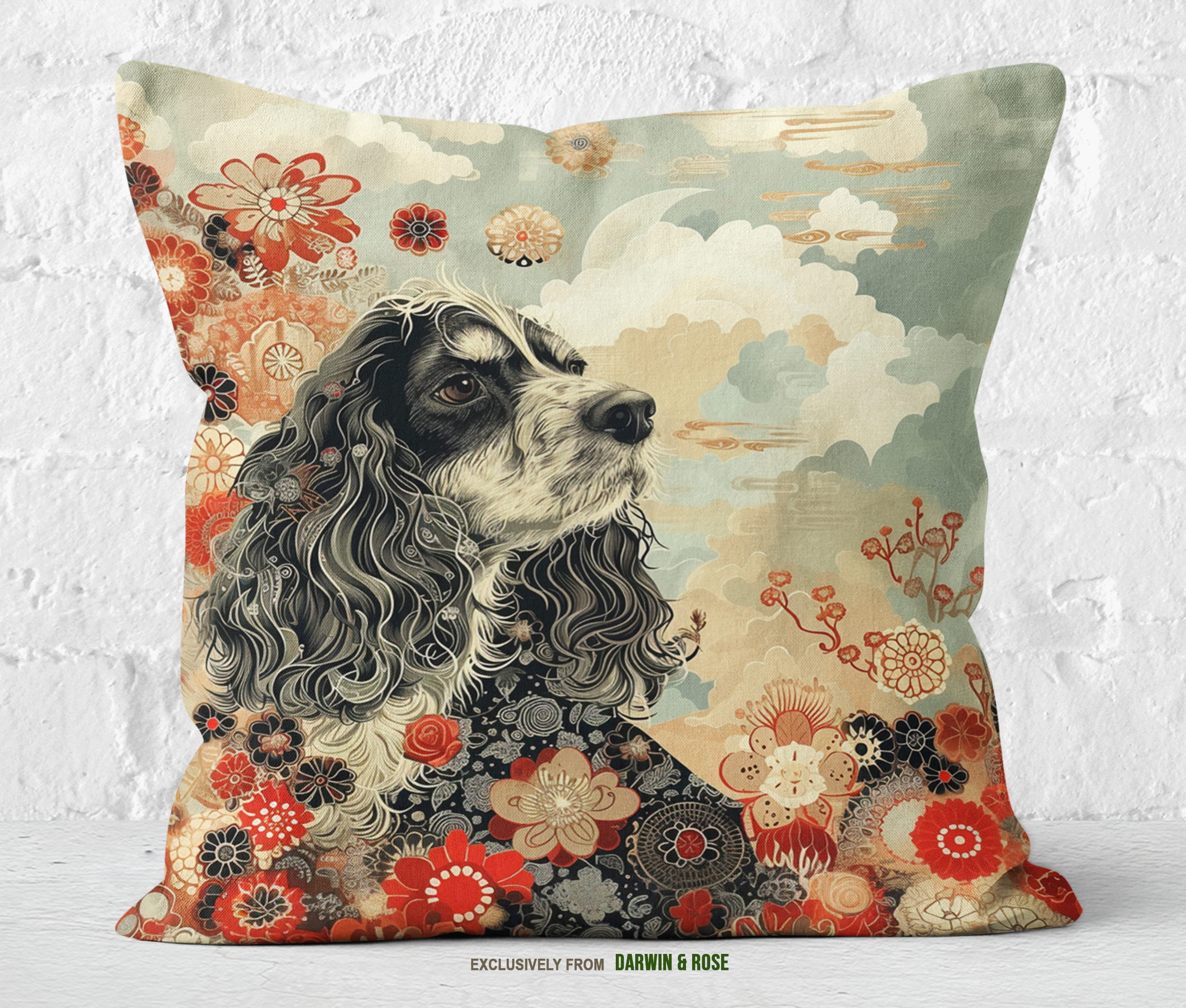 Floral Elegance Cocker Spaniel Throw Pillow – Modern Boho Decor