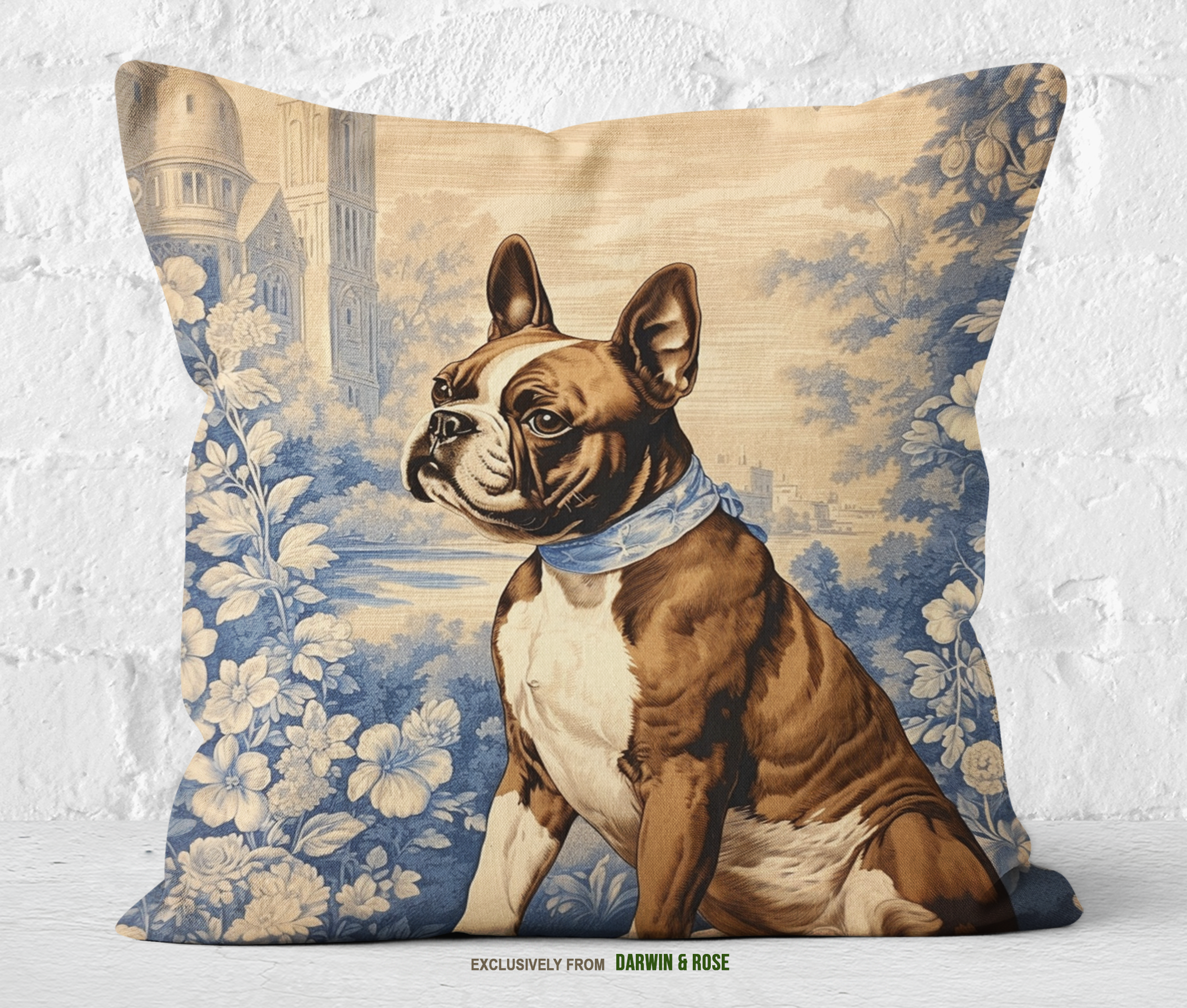 Boston Terrier Toile-Inspired Throw Pillow – Vintage Farmhouse Charm