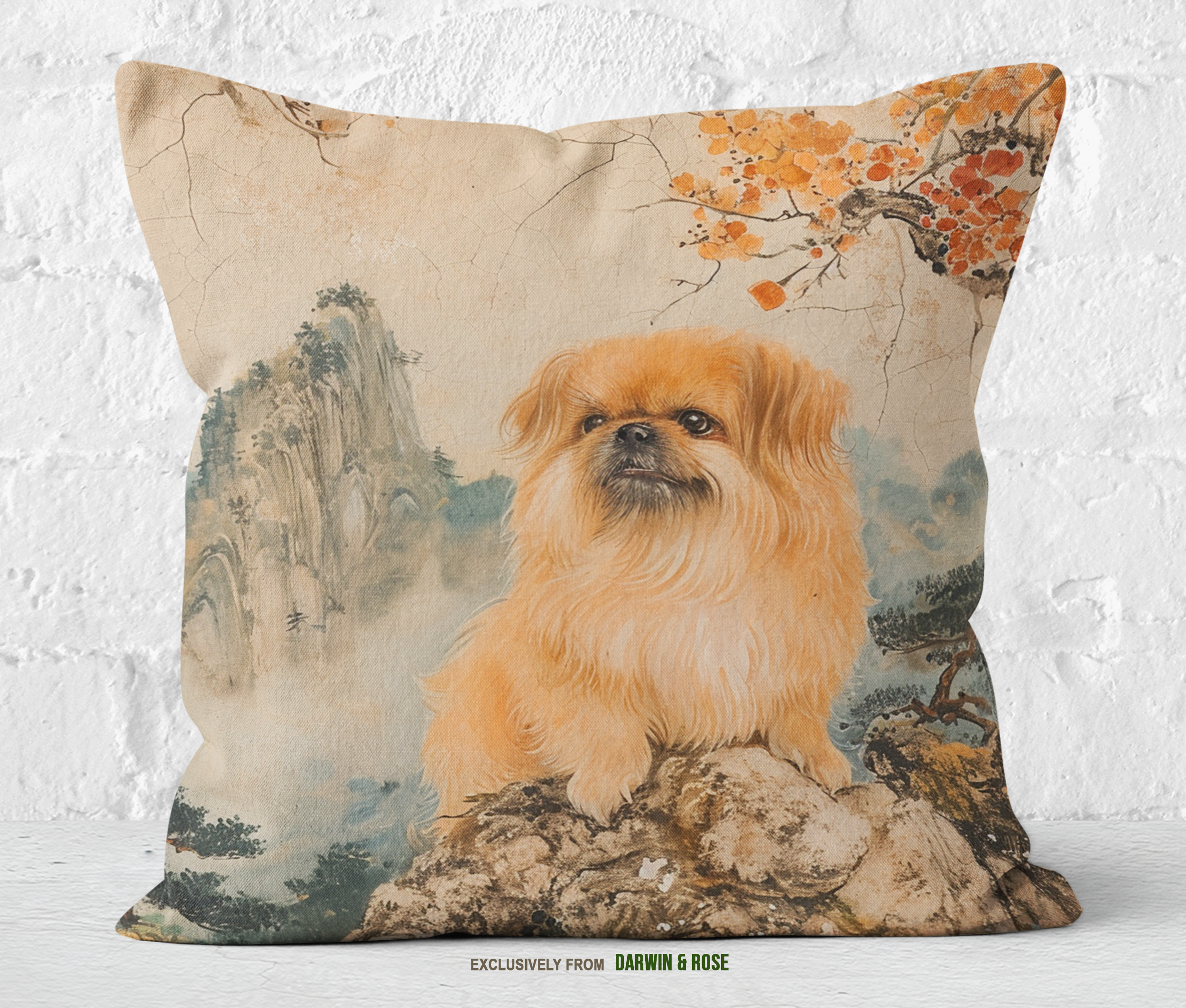 Pekingese Serenity in Traditional Asian Landscape Throw Pillow
