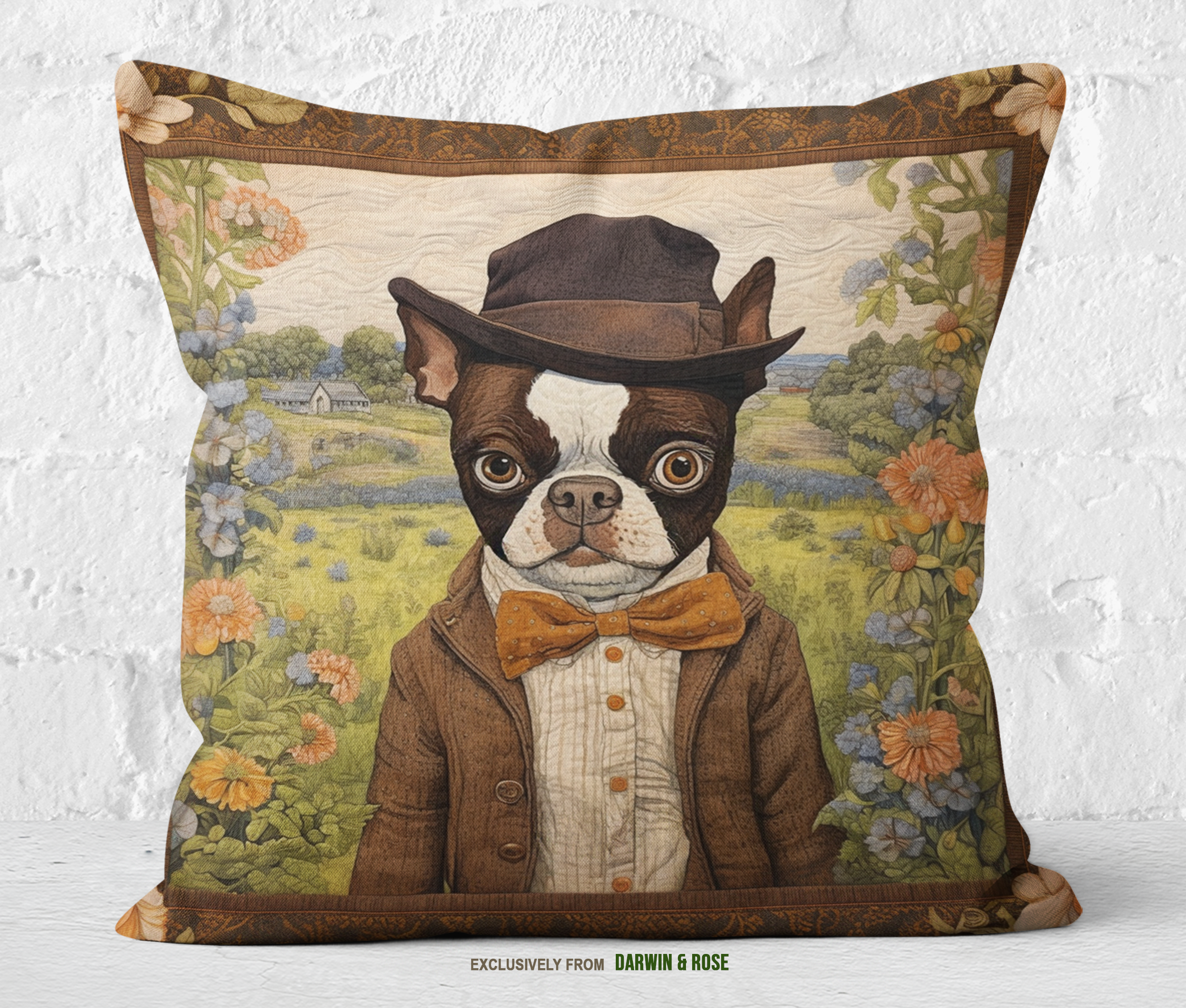 Vintage Charm Boston Terrier Throw Pillow – Rustic Farmhouse Dog Décor