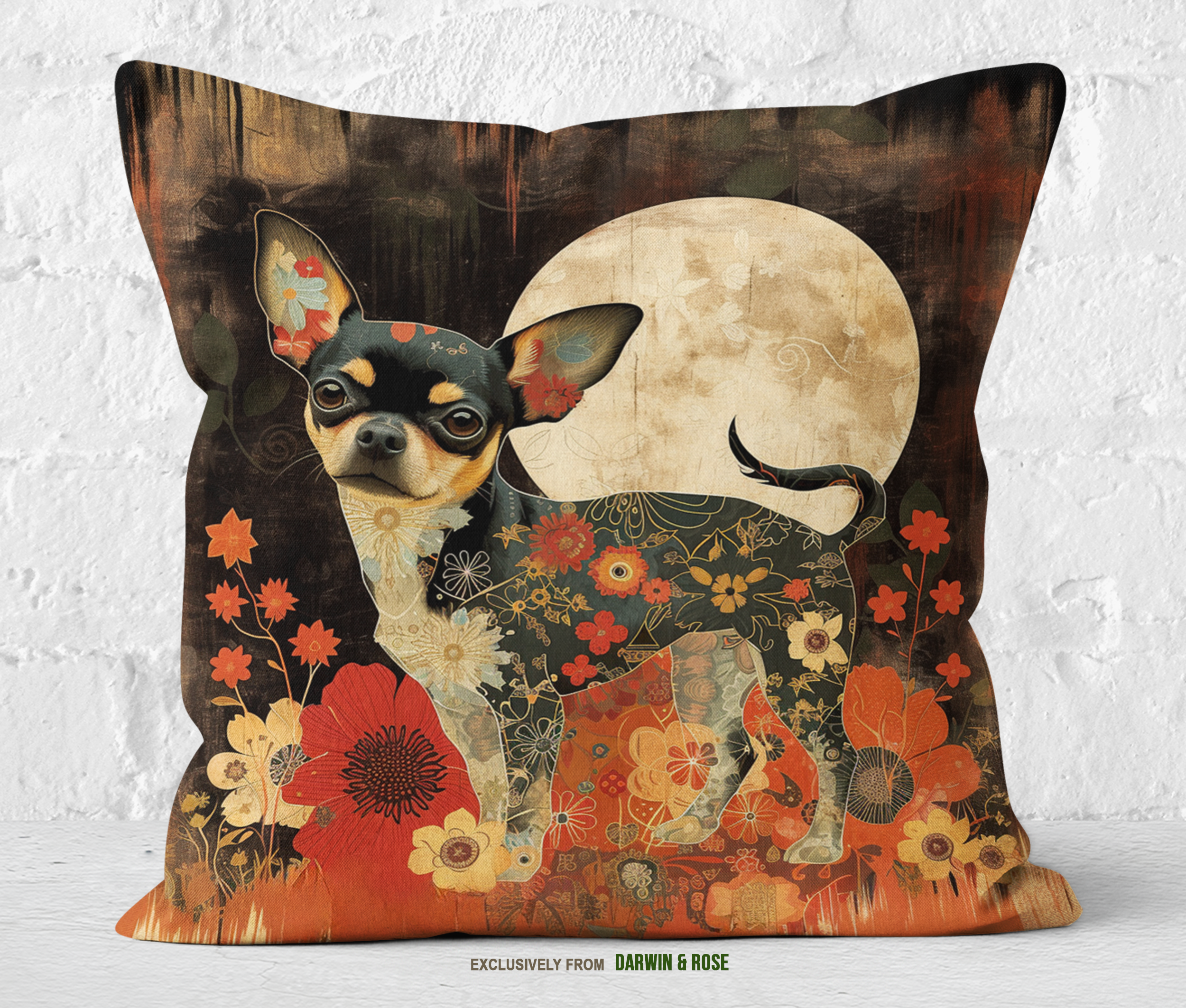 Floral Moonlight Chihuahua Throw Pillow – Modern Boho Décor