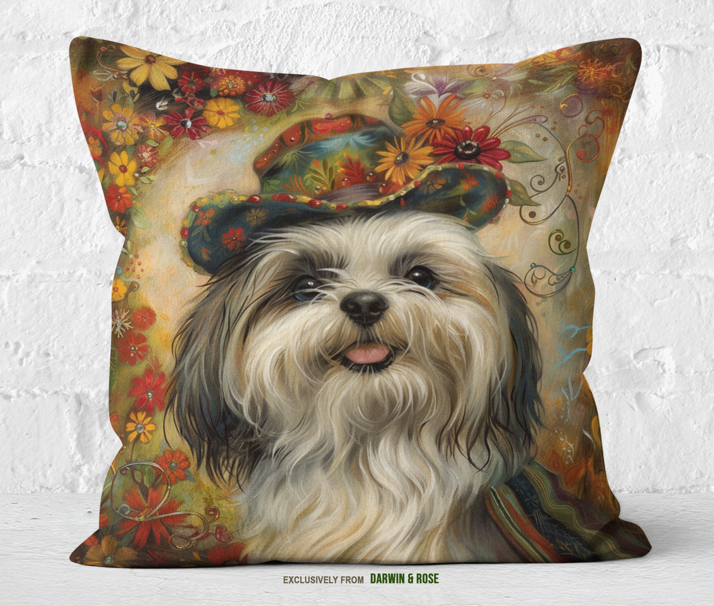 Whimsical Boho Shih Tzu Throw Pillow – Colorful Floral Décor