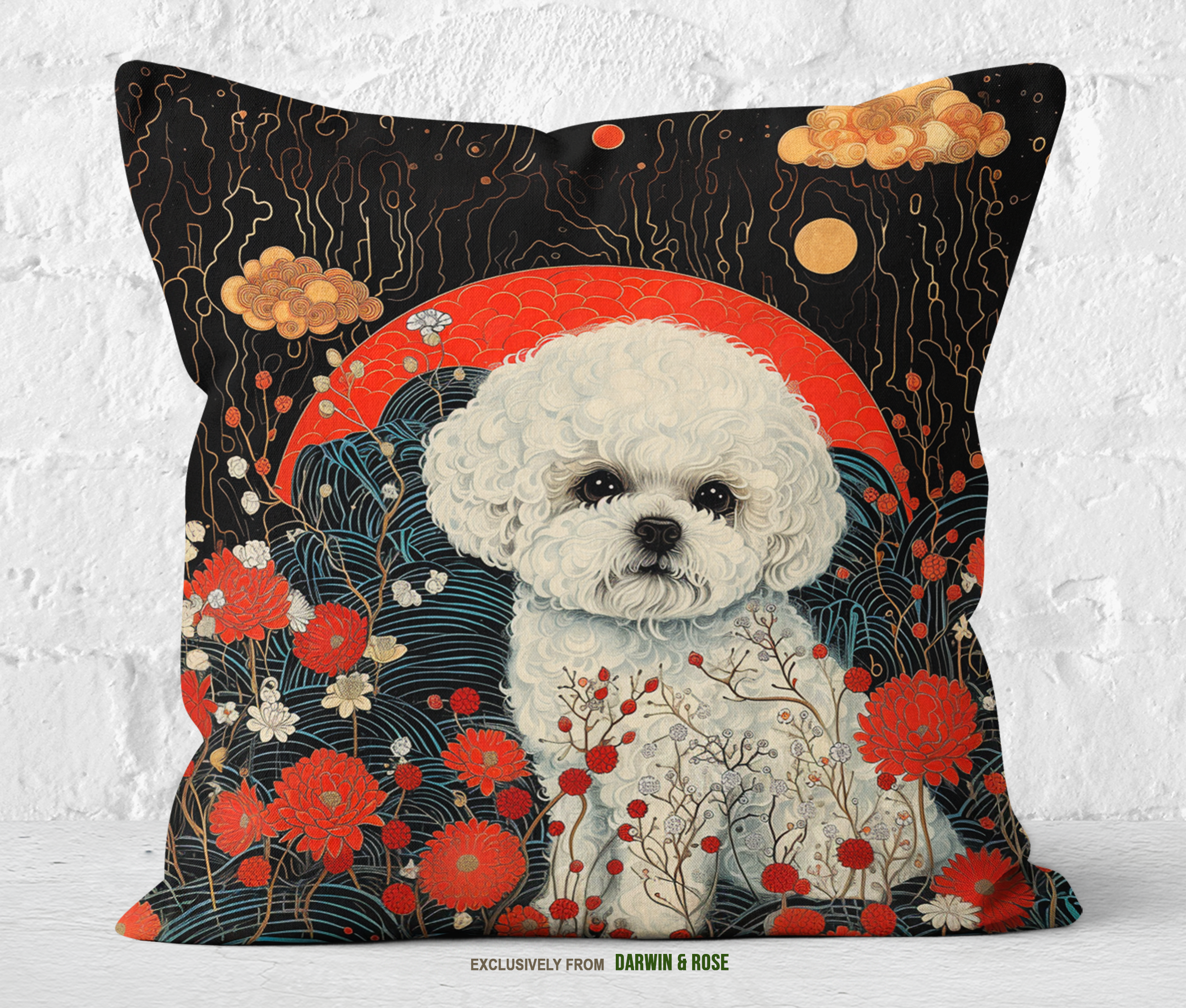 Bichon Frise Moonlit Floral Throw Pillow – Modern Japanese-Inspired Design