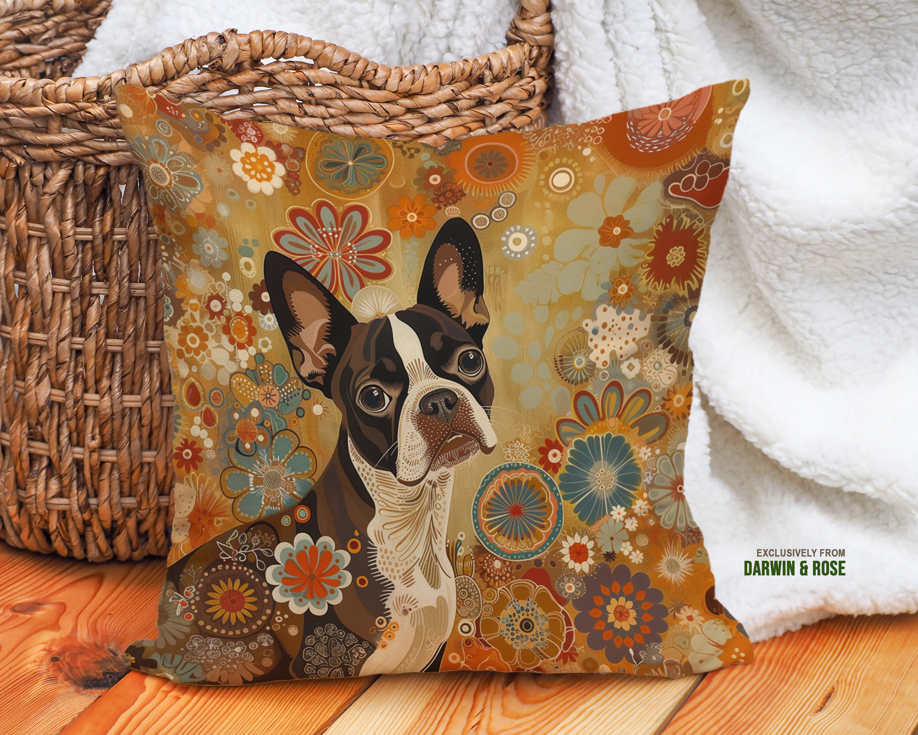 Boston Terrier Boho Floral Throw Pillow