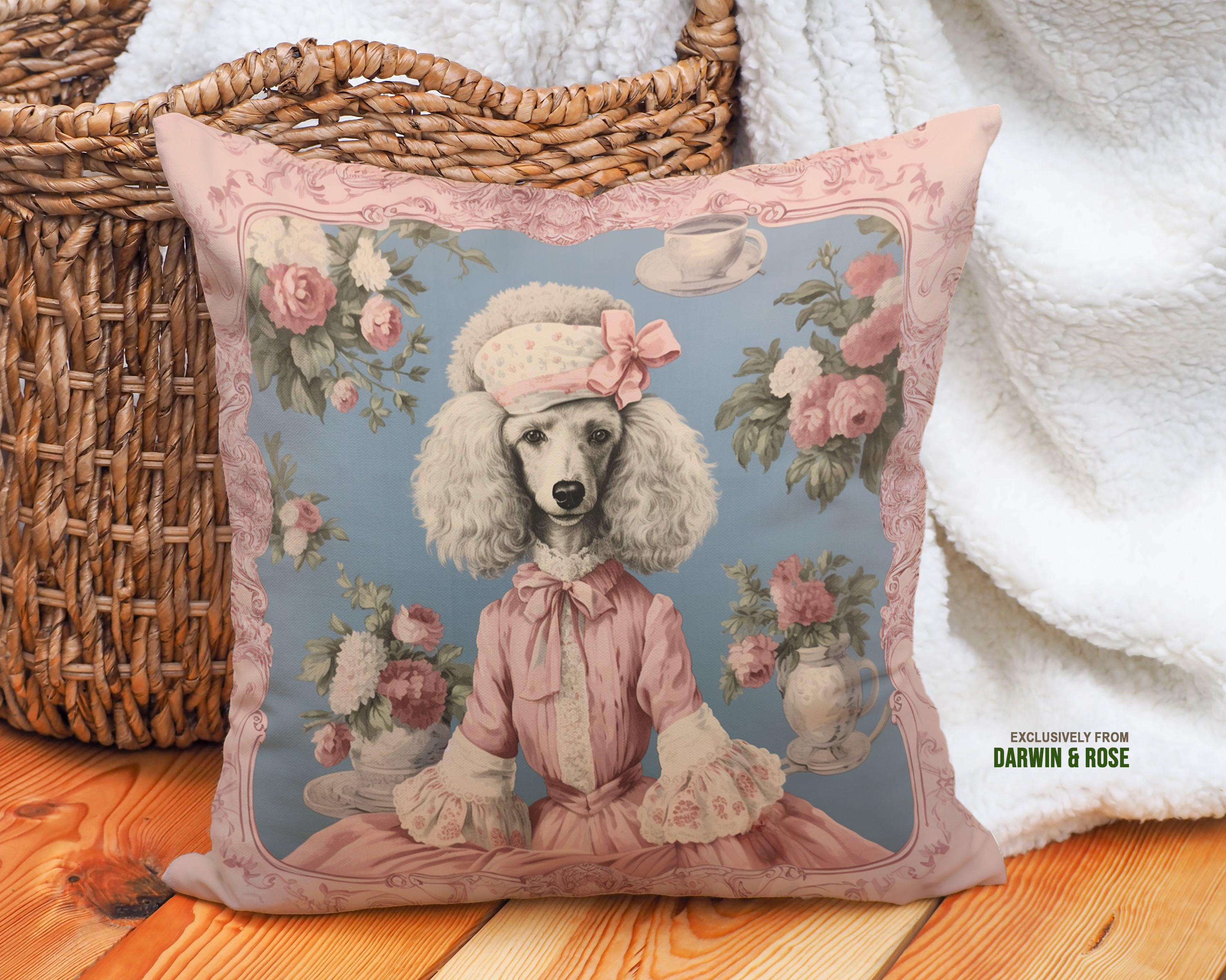 Victorian Elegance Poodle Throw Pillow – Vintage Floral Design