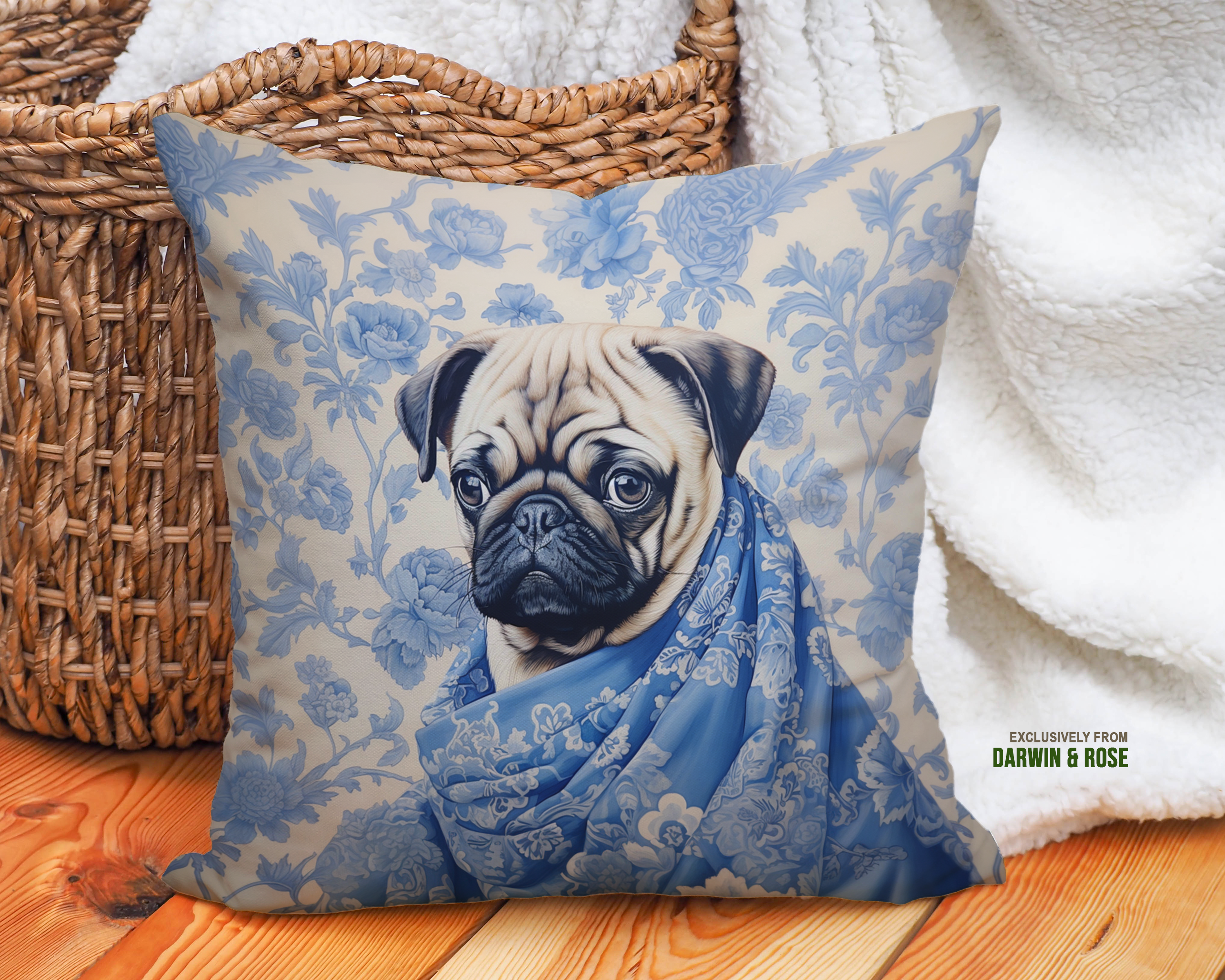 Pug-Inspired Floral Elegance Throw Pillow – Modern Vintage Style